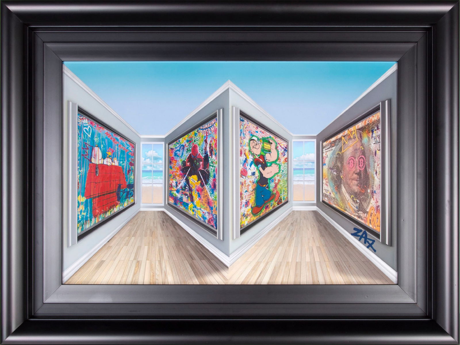 E. M. ZAX (20 th / 21 st Century) California: GALLERY OF POP, 2025, 3-D optical illusion multiple, signed lower right, frame 25 x 19 x 2 ½”, artwork protrudes from the frame. With artist’s certificate on verso.