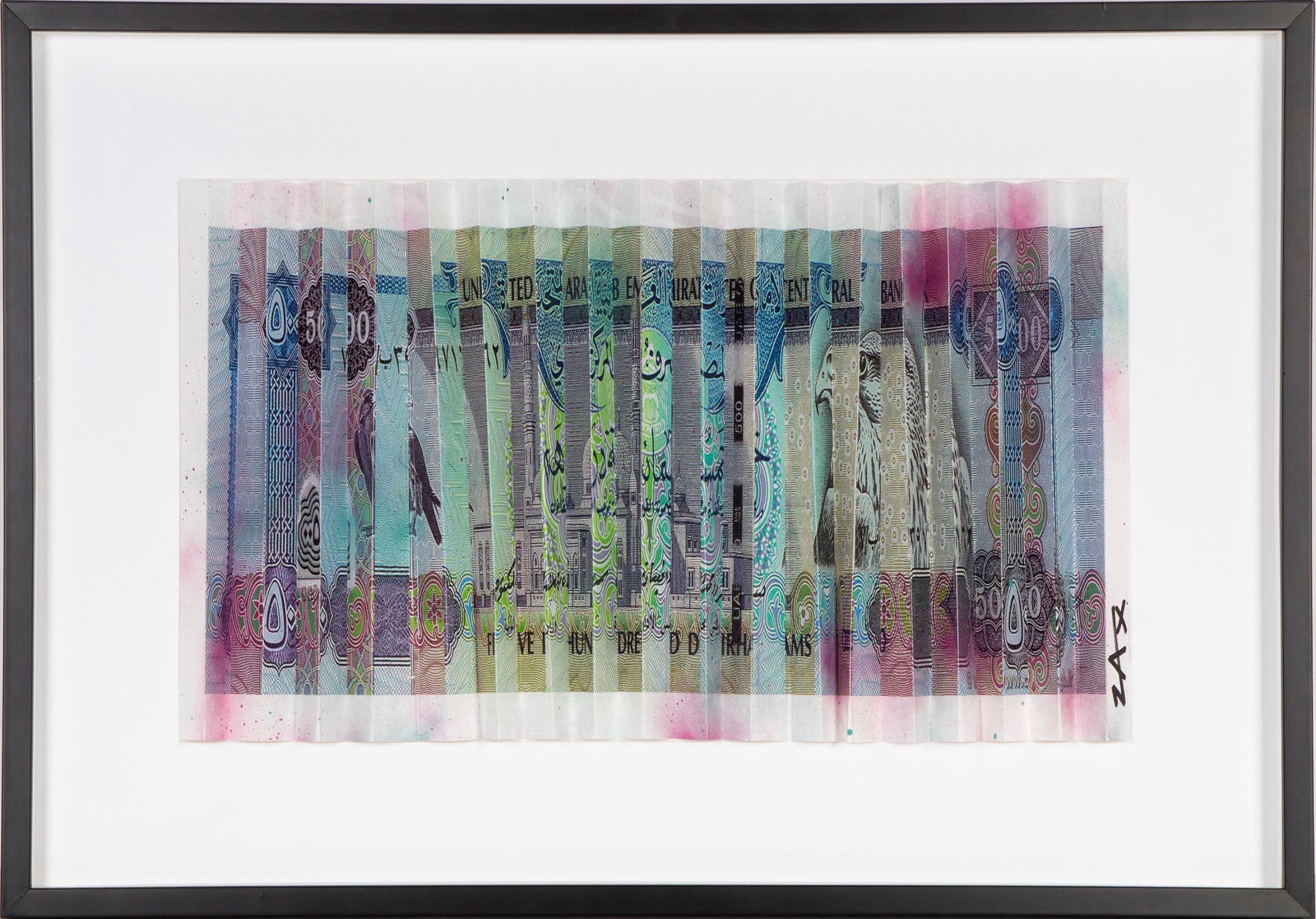 E. M. ZAX (20 th / 21 st Century) California: UNITED ARAB EMERATES MONEY, 2024, polymorph, offset color lithograph with hand coloring, signed lower right on side, frame 19 ½ x 28”.