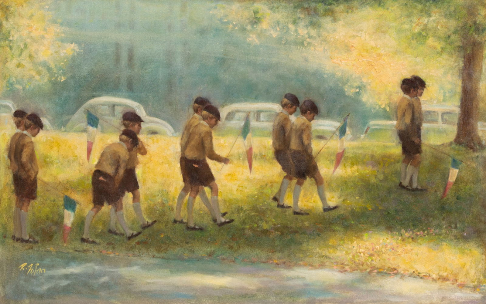 Richard Zolan (1931-2001) Massachusetts: FRENCH SCHOOL BOYS, oil painting on canvas, signed lower left, signed and titled and copyrighted on verso, 30 x 48”, frame 39 ¼ x 57 x 3”.