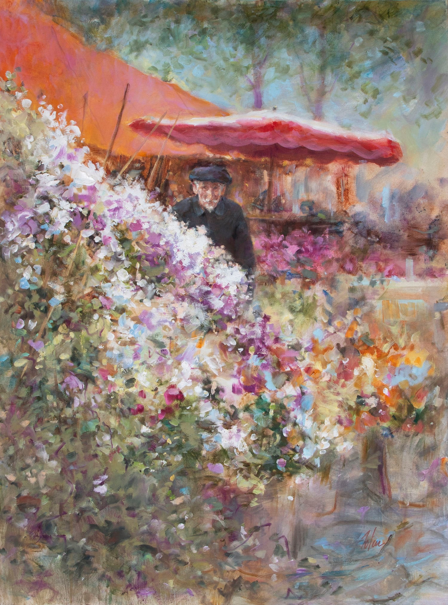 Richard Zolan (1931-2001) Massachusetts: UNTITLED FLOWER MARKET, oil painting on canvas, signed lower right, 40 x 30”, frame 47 ½ x 37 ½ x 3 ½” with Sweet Sweet Williams $11,500 tag on back.