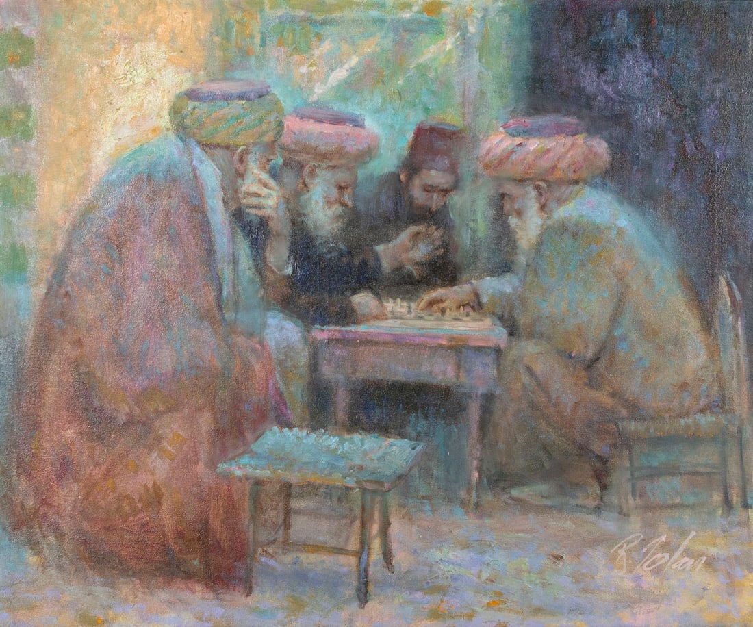 Richard Zolan (1931-2001) Massachusetts: CHESS GAME, oil painting on canvas, signed lower right, 20 x 24”, frame 28 ¼ x 32 ¼ x 3 ½”. Provenance: Richard Zolan Gallery.