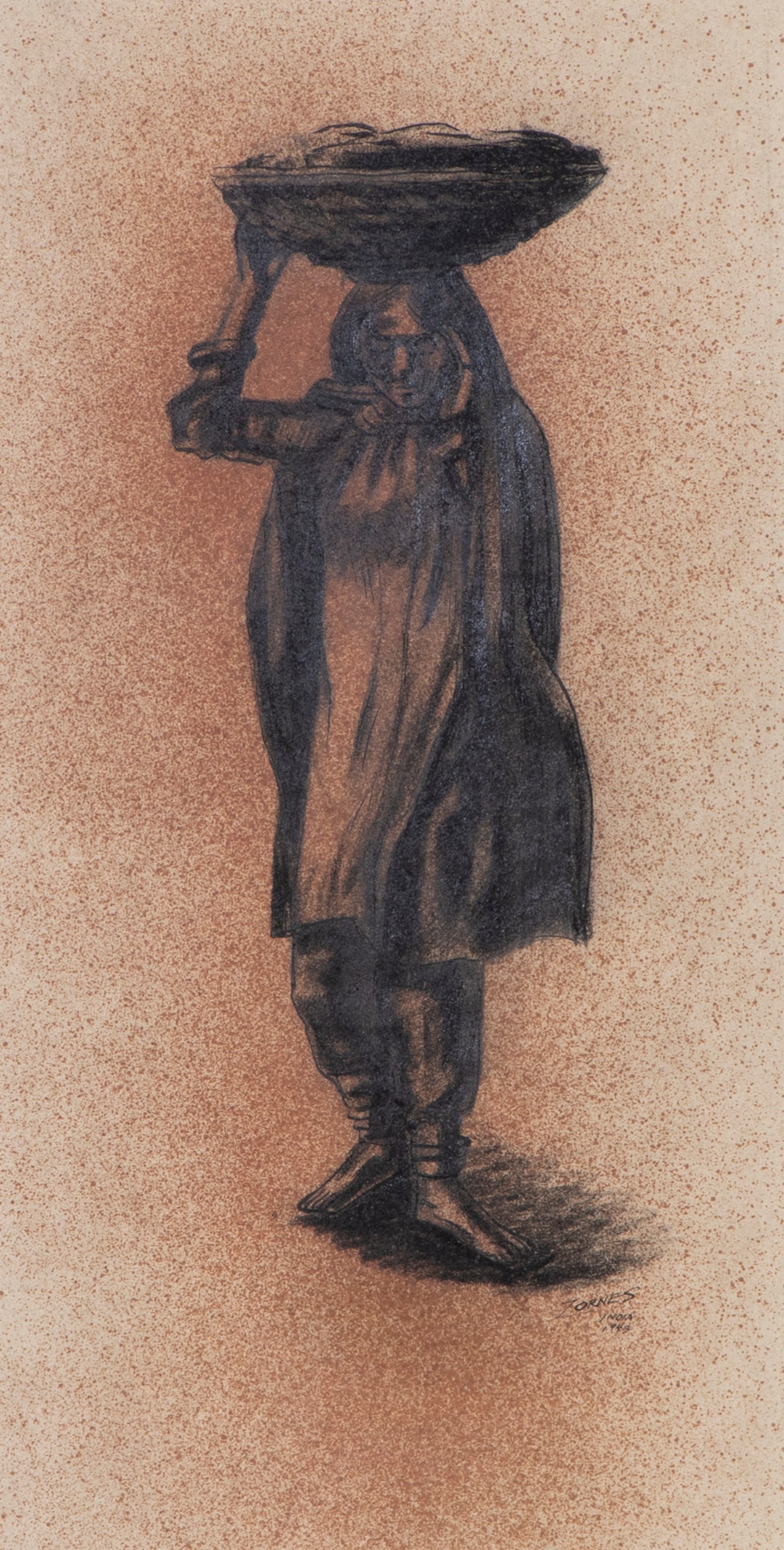 Milford Zornes (1908-2008) California: INDIA 1943, watercolor and ink on paper, signed and titled and dated lower center right in ink, sight 13 ½ x 6 ¾”, frame 21 ¼ x 11 ¼” with glass.