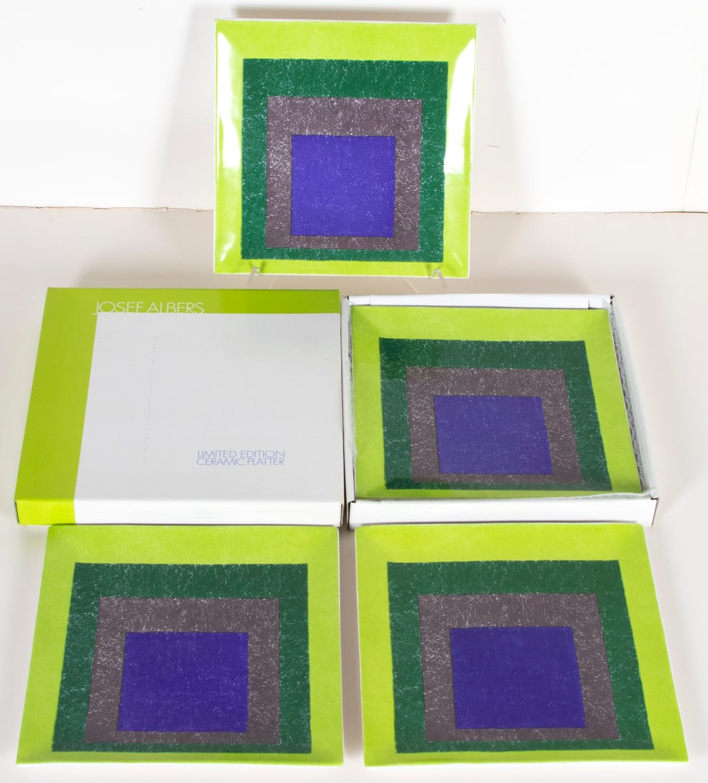 Josef Albers (1888-1976) German American (four): STUDY FOR HOMAGE TO A SQUARE, four of the same color transfer design on ceramic platter, limited edition made in Italy, published in 1999 by the Josef and Annie Albers Foundation and MOCA Los Angeles,