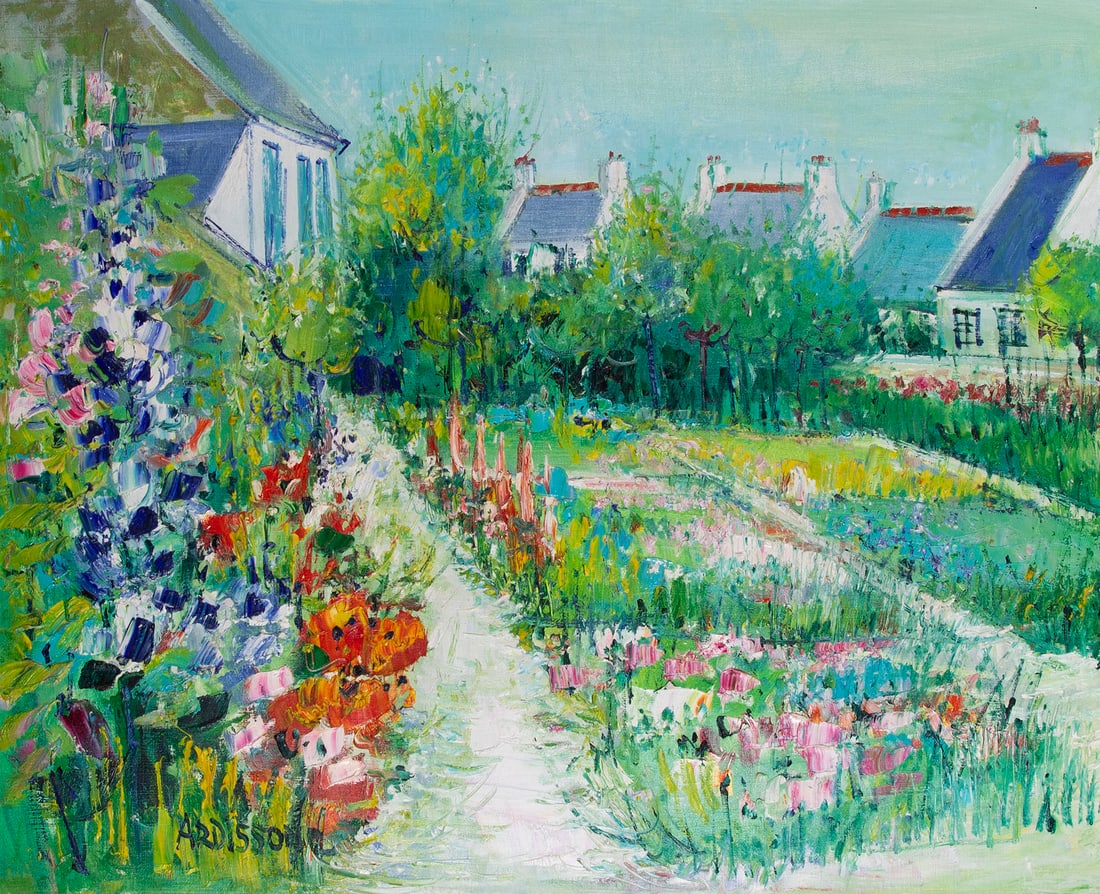 Yolande Ardissone (1927-2024) French: FLOWER GARDEN, oil painting on canvas, signed lower left, 30 x 36”, frame 35 ¼ x 41 ¾ x 2”. From the Arthur P. Block collection.