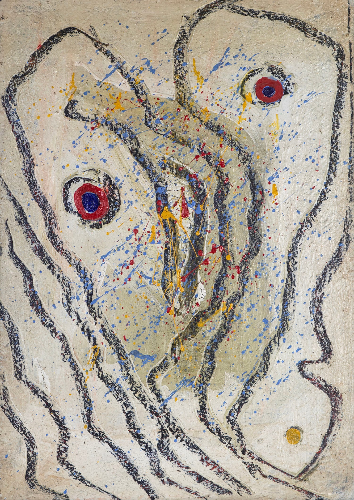 Artist Unidentified (20 th Century): UNTITLED, 1988, mixed media and acrylic painting on Masonite, signed in marker and signed and dated in pencil and with Bruun Ramussen auction tag on verso, 27 ½ x 19 ¾”, frame 28 &