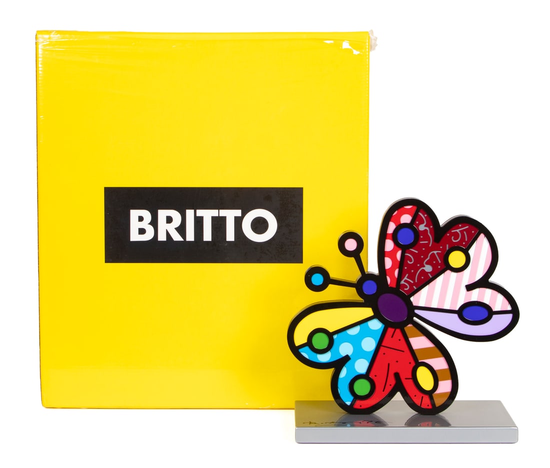 Romero Britto (b. 1963) Brazil: GARDEN BUTTERFLY, 2006, enameled iron sculpture, signed and numbered 185/1000 in black marker on the silver base, 9 ½ x 8 ½ x 4 ¾” with original 16 x 14 x 8 ¾”