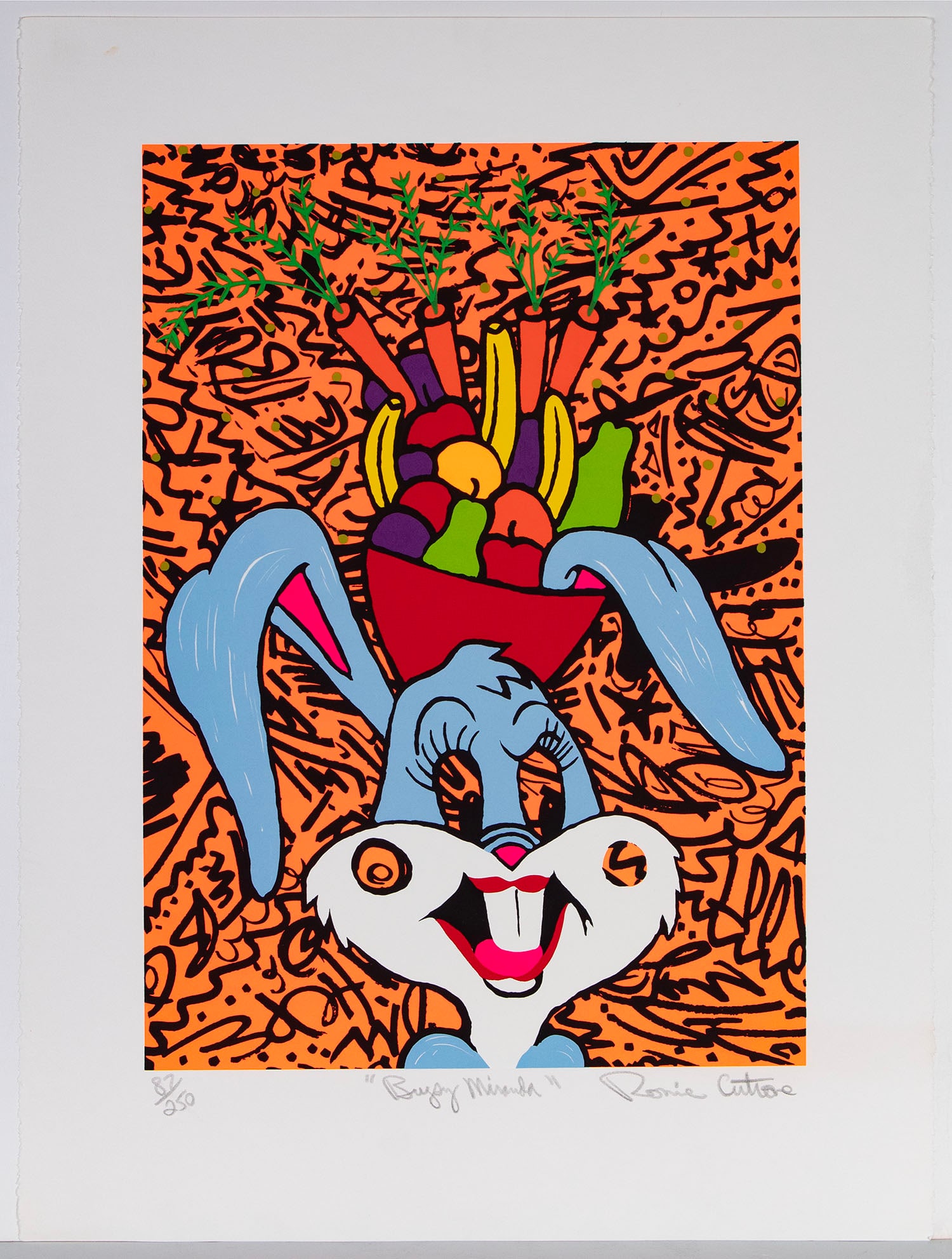 Ronnie Cutrone (1948-2013) American: BUGSY MIRANDA, color screenprint, signed and numbered edition of 250 in pencil, image 22 ¾ x 16", sheet 30 x 22 ½”. Note: Cover art for the book: New, Used & Improved Art for the 8