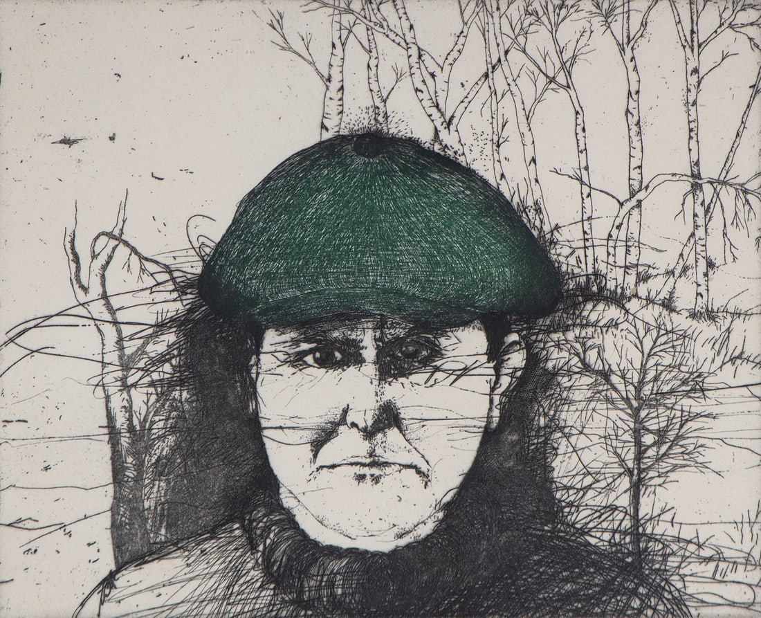 Jim Dine (b. 1935) New York: SELF PORTRAIT IN FLAT CAP (The Green Cap), second state, (Williams College 181), 1974, color etching, signed and numbered 8/28 in pencil, published by Petersburg Press NY, sheet 25 ¾ x 19 &frac