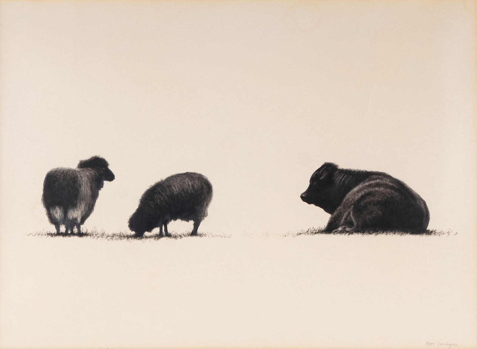 Miguel Dominguez (b. 1941) Texas: SHEEP AND CALF, watercolor and ink drawing on paper, signed lower right, sight 16 ½ x 22 ½”, frame 24 x 30 x 2 ¼” with plexiglass.