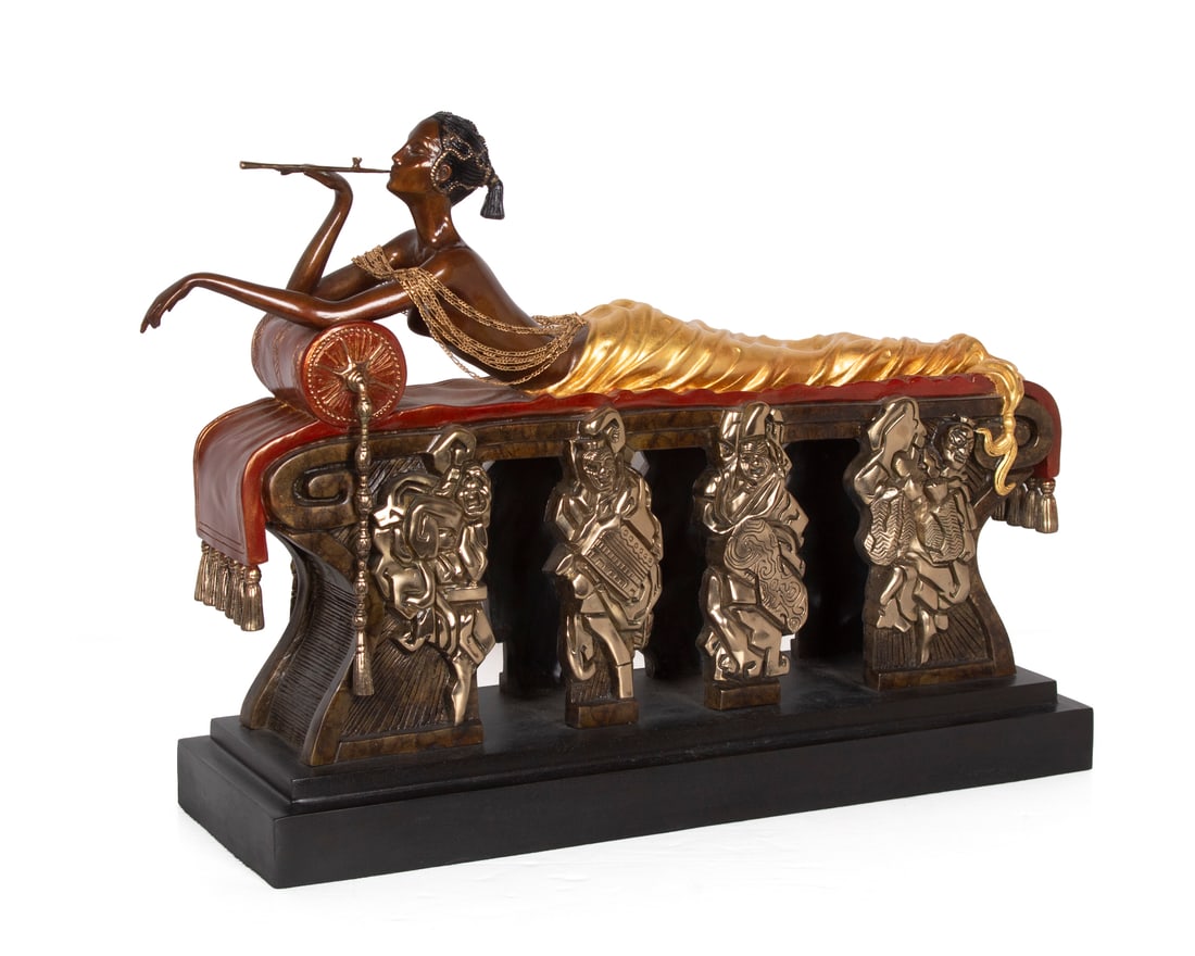 Erte (1892-1990) French: DAYDREAMS (Estorick 168), 1989, cold painted cast bronze sculpture, signed and numbered 259/375, published by Chalk & Vermilion and Seven Arts, overall 14 x 18 ¼ x 6”, weight 42 pounds.