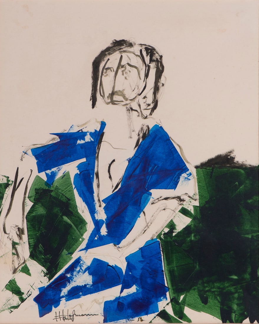 In the style of Hans Hofmann (1880-1966) German American: FIGURE WITH BLUE ROBE, 1956, acrylic painting on paper, signed and dated lower center, sight 16 x 12 ¾”, frame 22 x 19” with glass.