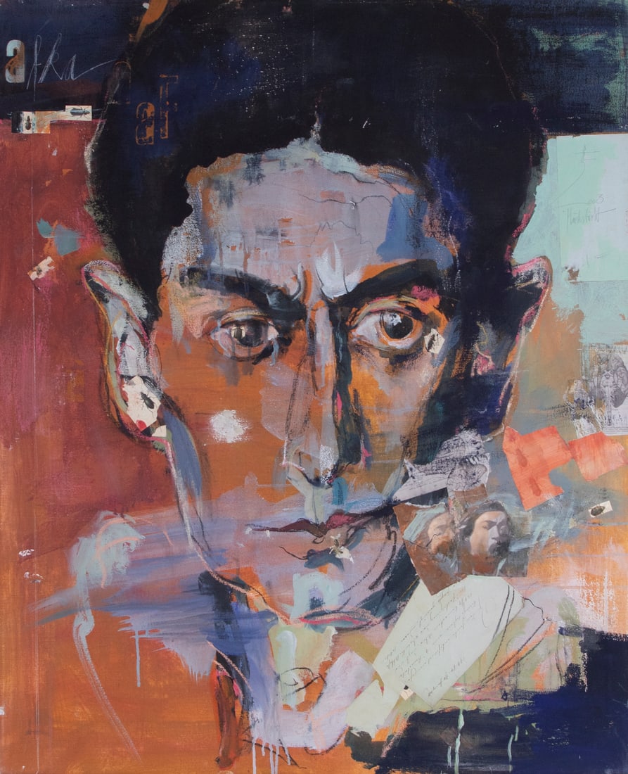 Eberhard Huckstadt (b. 1936) German: FRANZ KAFKA, 2003, acrylic painting on canvas with collage on unprimed canvas, signed and dated upper right, 43 ½ x 35 ½”, frame 53 x 45 x 3”. Provenance: Christian Hohman Ga