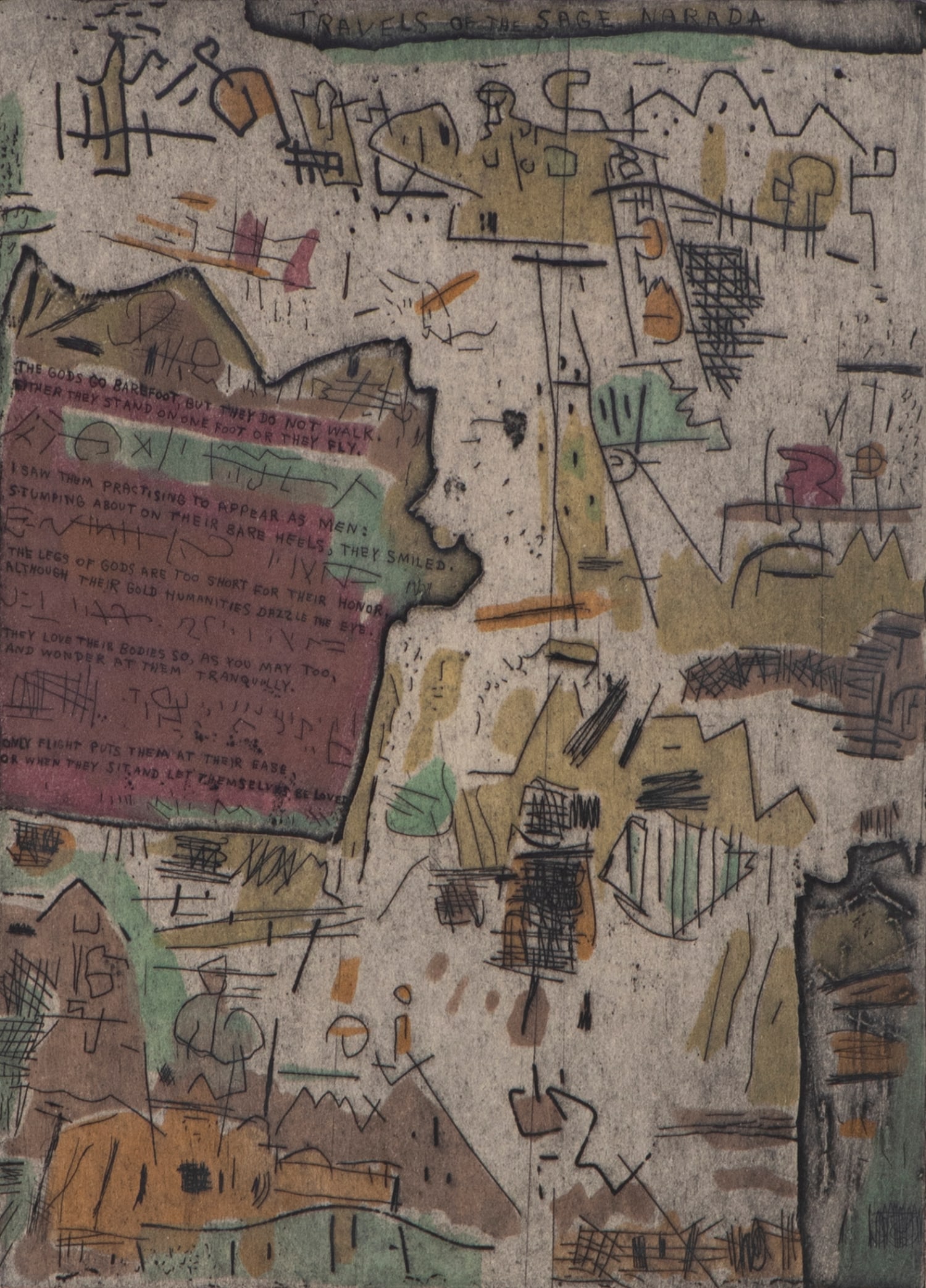 Ynez Johnston (1920-2019) California: TRAVELS OF THE SAGE NARADA, color aquatint etching, signed and numbered 15/25 in pencil, plate 12 x 8 ½”, full margins, frame 21 ¼ x 17 ¼” with glass.