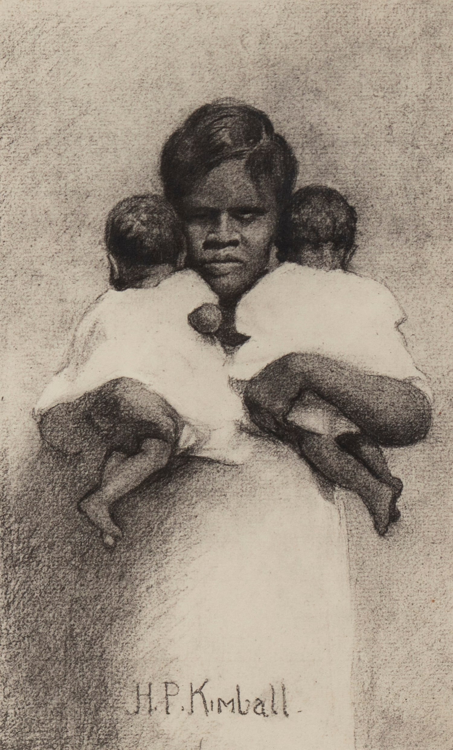HP Kimball (19 th /20 th Century) Canadian American: BLACK PERSON WITH TWO BABIES, circa 1920, lithograph, 11 ½ x 8 ½”, signed on the stone lower center, image 9 ¾ x 5 ¾”, full margins, frame with glass 20 ½