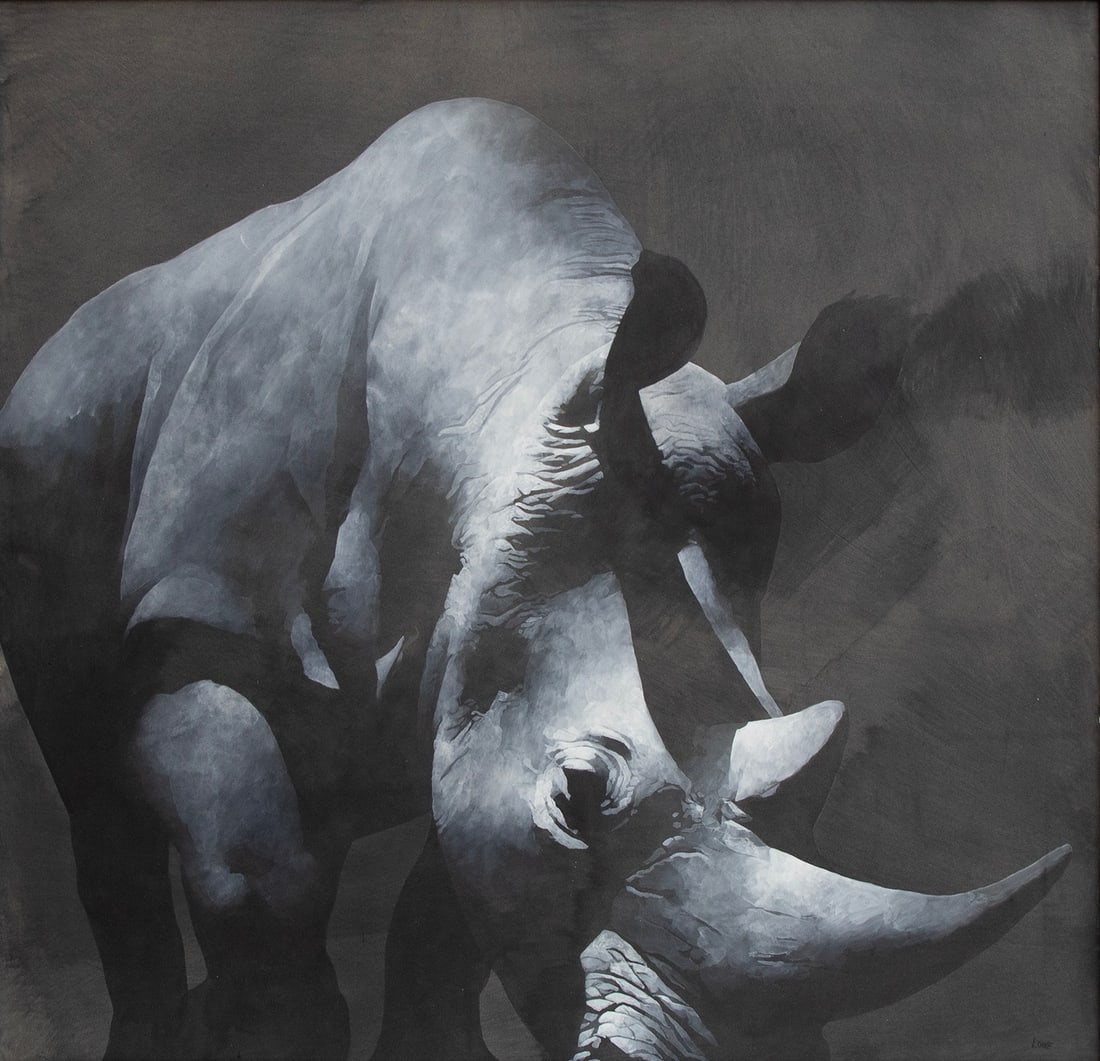 Lowe (possibly Ming C. Lowe or Ben Lowe?) (20 th 21 st Century: RHINO, appears to be a monochromatic painting on paper over canvas, signed lower right, frame 51 x 53 ¼ x 2”. From the Larry Grossman Collection, Hollywood writer’s agent. Clients