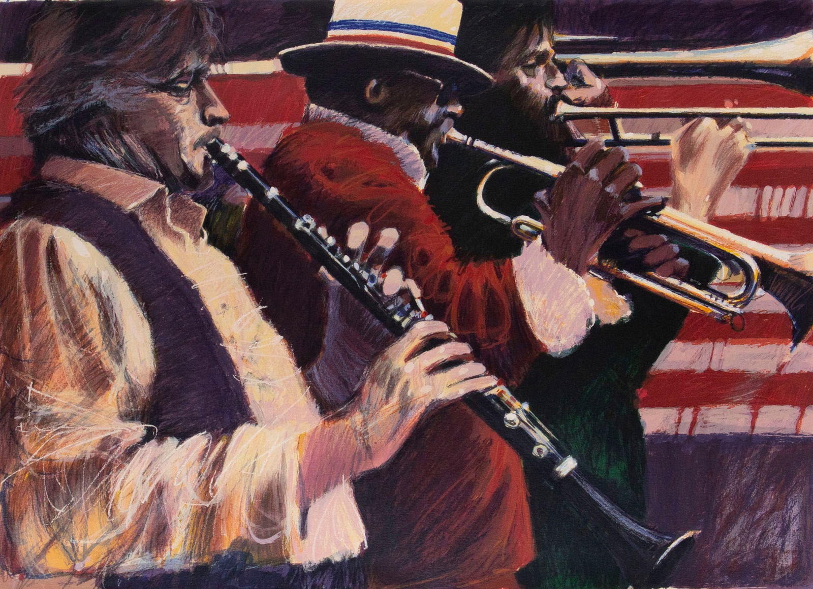 Aldo Luongo (b. 1941) Argentina: DIXIE JAZZ, color screenprint, signed and numbered 27/295 in pencil, Accent Studio blind stamp lower left, image 26 ¼ x 35 ½”, full margins, frame 39 x 48” with glass.