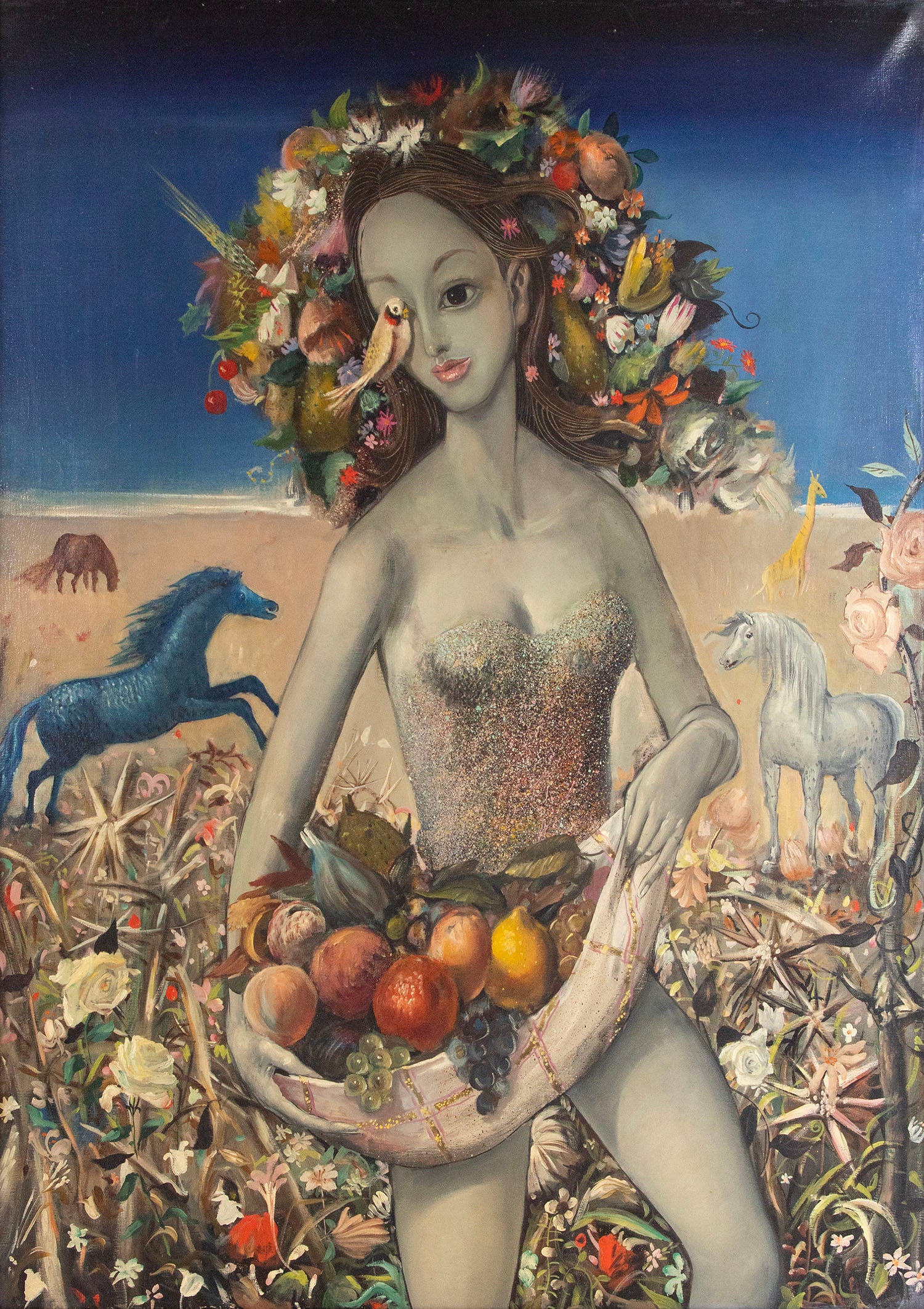 Mid-Century Modern Kitsch Artist Unidentified (20 th Century): WOMAN WITH BASKET OF FRUIT AND BIRD AND BLUE HORSE, oil painting on canvas, a signature not found, 40 x 30”, frame 41 ¼ x 31 ¼”.
