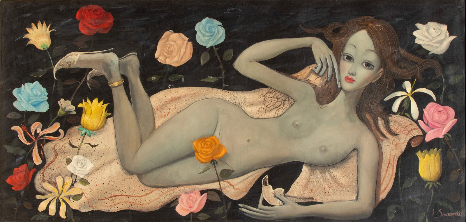 Mid-Century Modern Kitsch Artist Unidentified (20 th Century): RECLINING NUDE WITH FLOWERS, oil painting on canvas, signed lower right, 24 x 48”, frame 32 1.2 x 56 ½”.