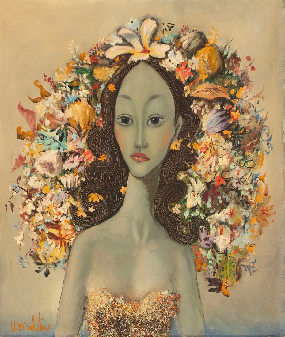 Mid-Century Modern Kitsch Artist Unidentified (20 th Century): WOMAN WITH FLOWERS SURROUNDING HER HEAD, oil painting on canvas, signed U. Malter? lower left, 24 x 20”, frame 32 ¼ x 28 x 2”.