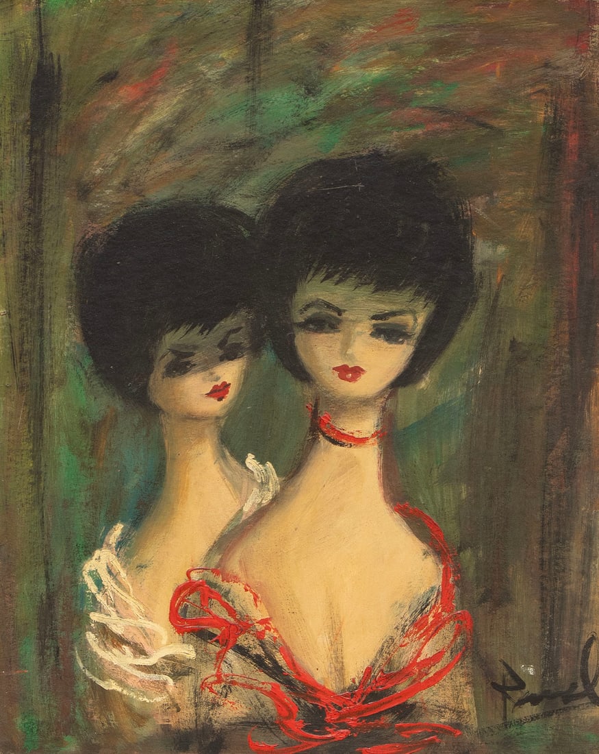 Mid-Century Modern Artist Unidentified (20 th Century): SISTERS, oil painting on panel, signed “Pavel?” lower right, 20 x 16”, frame 29 ½ x 25 x 1 ½”.