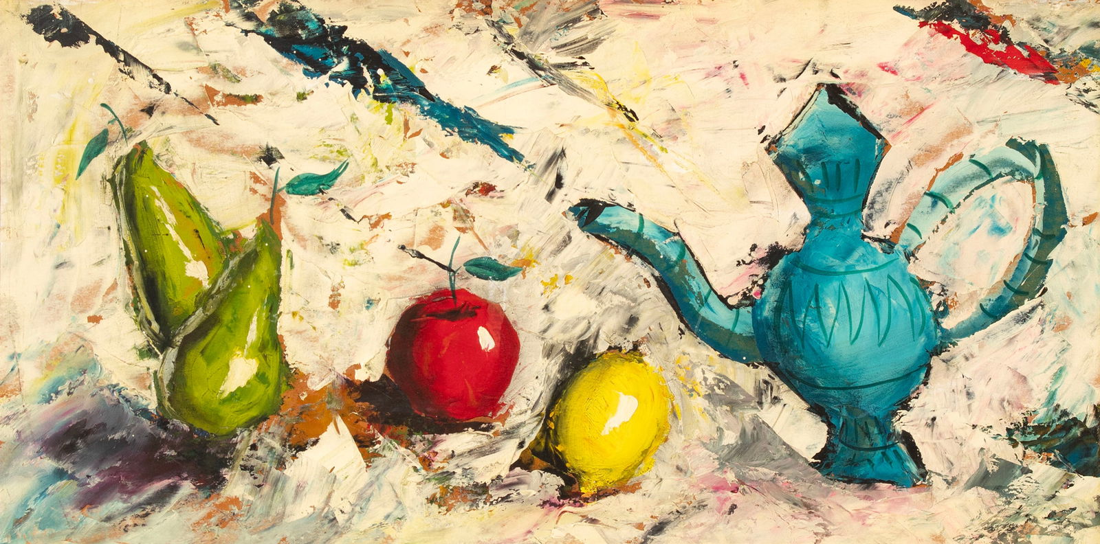 Mid-Century Modern Artist Unidentified (20 th Century): STILL LIFE WITH TEAPOT AND FRUIT, oil painting on Masonite, a signature not found, sight 14 ½ x 29 ¼”, frame 22 x 36 ¾ x 1 ½”.
