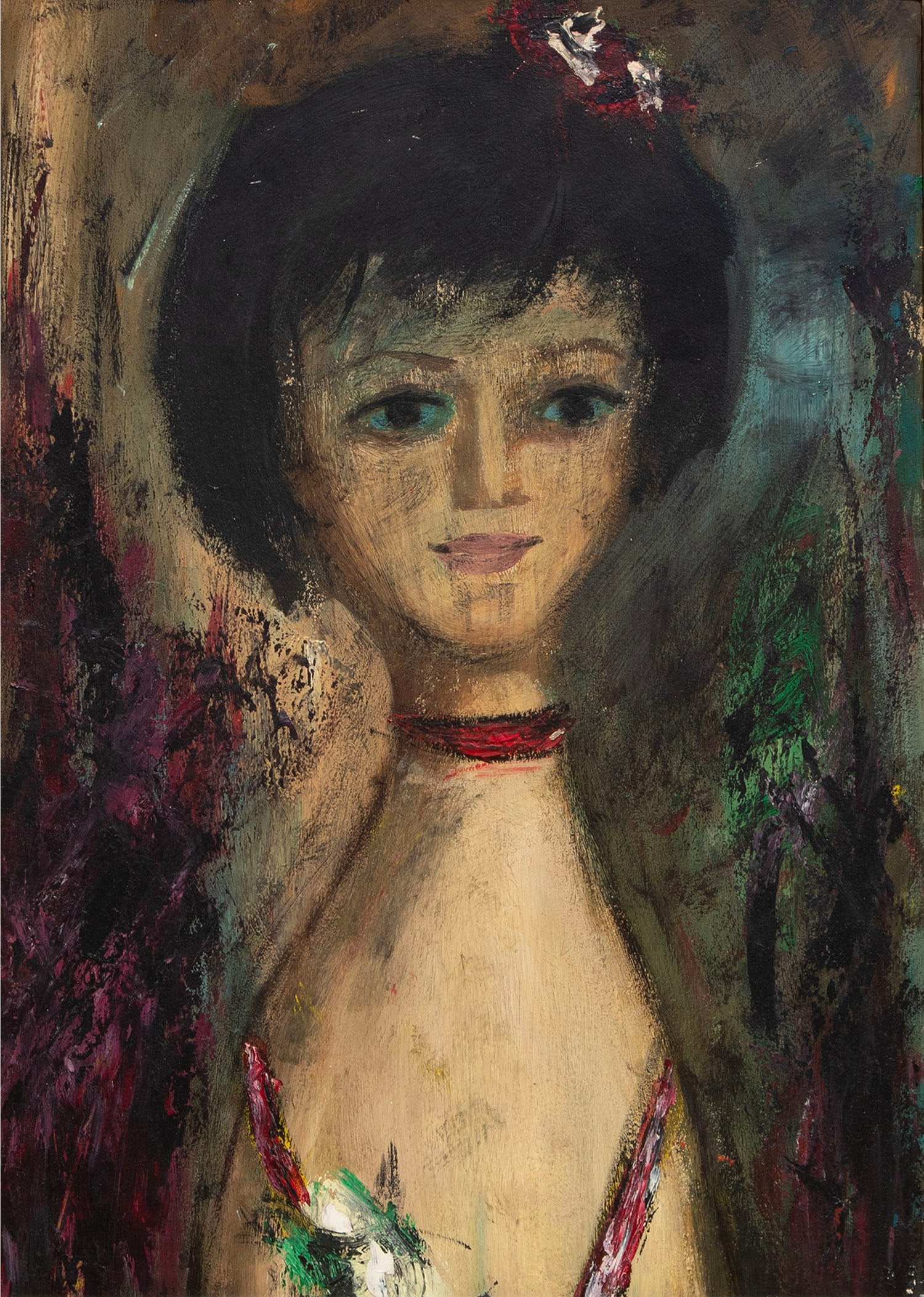 Mid-Century Modern Artist Unidentified (20 th Century): WOMAN WITH PARTY DRESS AND BLUE EYES, oil painting on panel, a signature not found, sight 20 ½ x 14 ½”, frame 28 ½ x 22 ¾ x 2 ¾”.