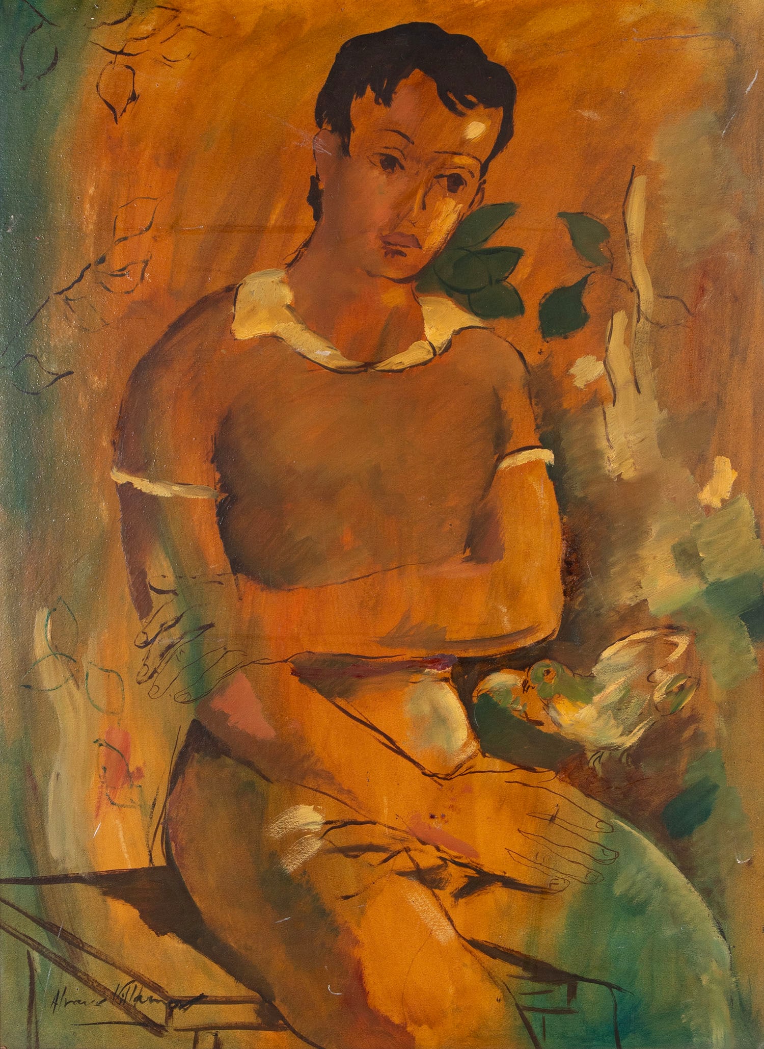 Mid-Century Modern Artist Unidentified (20 th Century): YOUNG MAN SITTING WITH BIRD, oil painting on card, signed Al*** Villamont lower left, 30 x 22”, frame 33 x 25”.