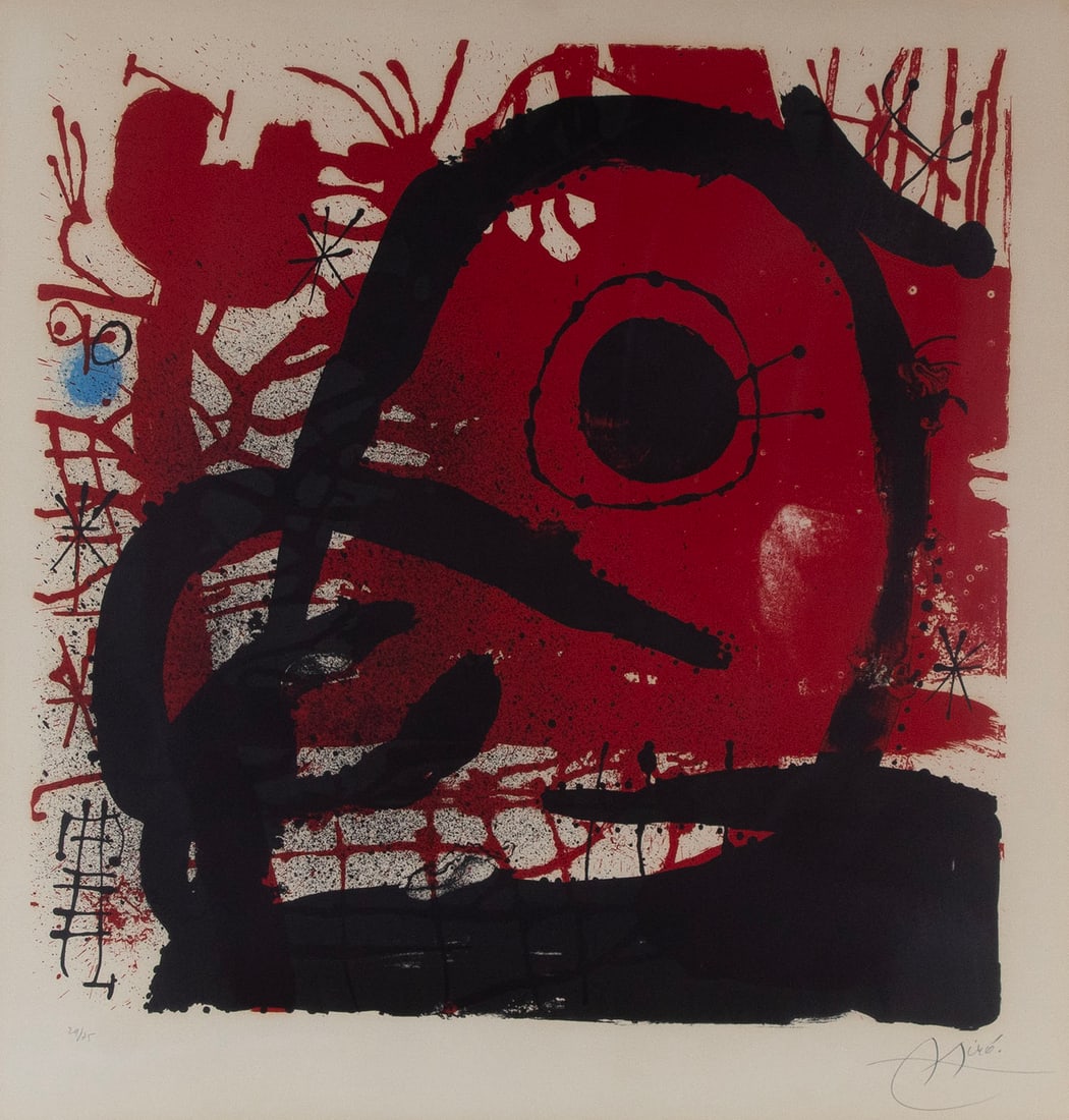 Joan Miro (1893-1983) Spanish: THE WOOD SQUARER AT REST (Mourlot 584), 1968, color lithograph on BFK Rives paper with block letter watermark lower right, signed and numbered 29/75 in pencil, printed and published by Maeght, sight