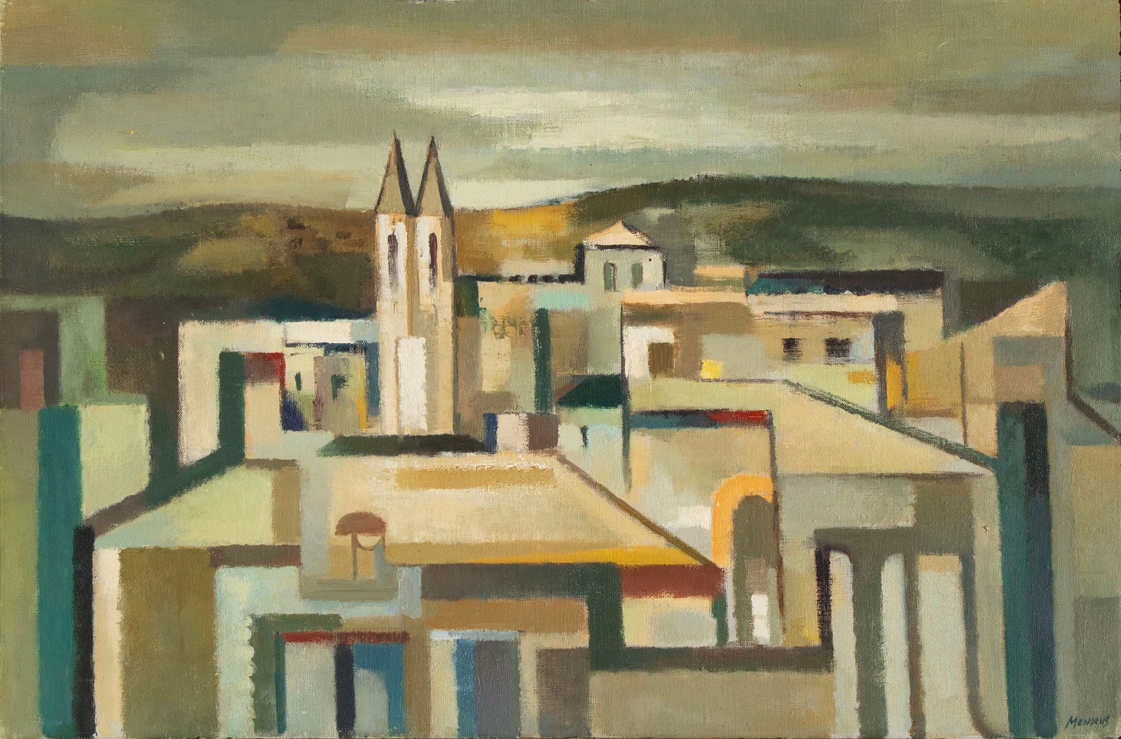Martin Moudrus (1925-2020) California: MID-CENTURY MODERNIST CITYSCAPE, oil painting on canvas, signed lower right, 20 x 30”, frame 26 ¾ x 36 ¾”.