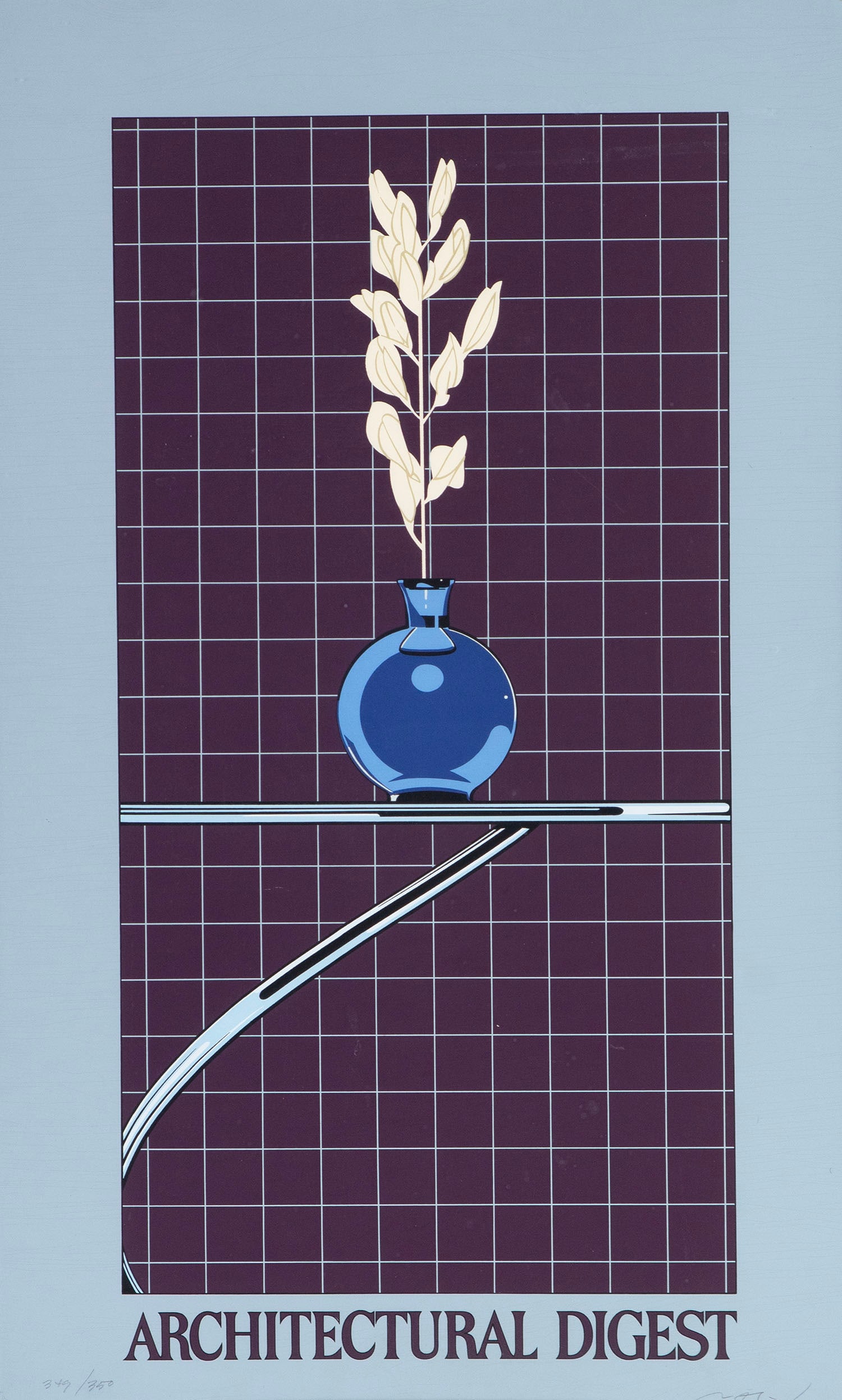 Patrick Nagel (1945) California: ARCHITECTURAL DIGEST (Mirage 26), 1982, color screenprint poster, signed and numbered 349/350 in pencil, published by Mirage Editions, sight 24 ¾ x 14 ¾”, frame 28 ½ x 18