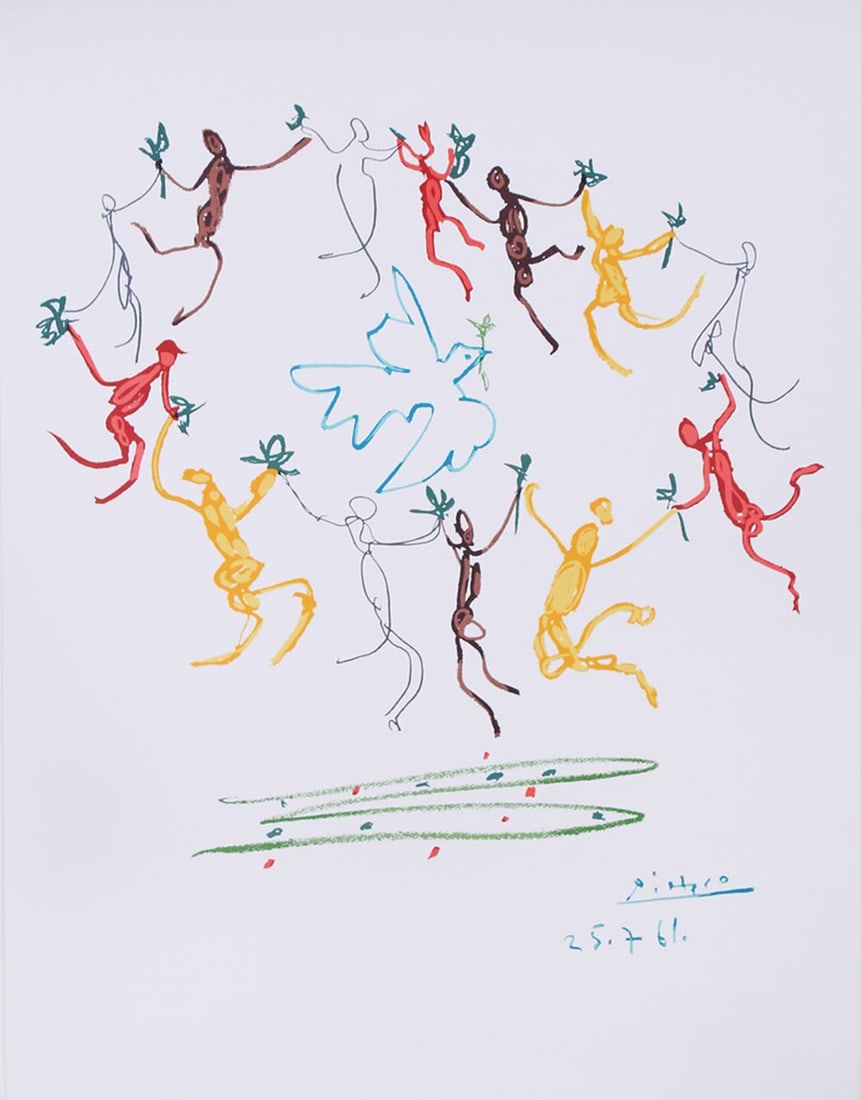 after Pablo Picasso (1881-1973) Spanish: LA RONDE DE LA JEUNESSE, color litho/print on Arches paper, Editions Combat Pour la Paix/ copyright SPADEM Paris blind stamp lower right, sheet 25 ½ x 19 ½”.