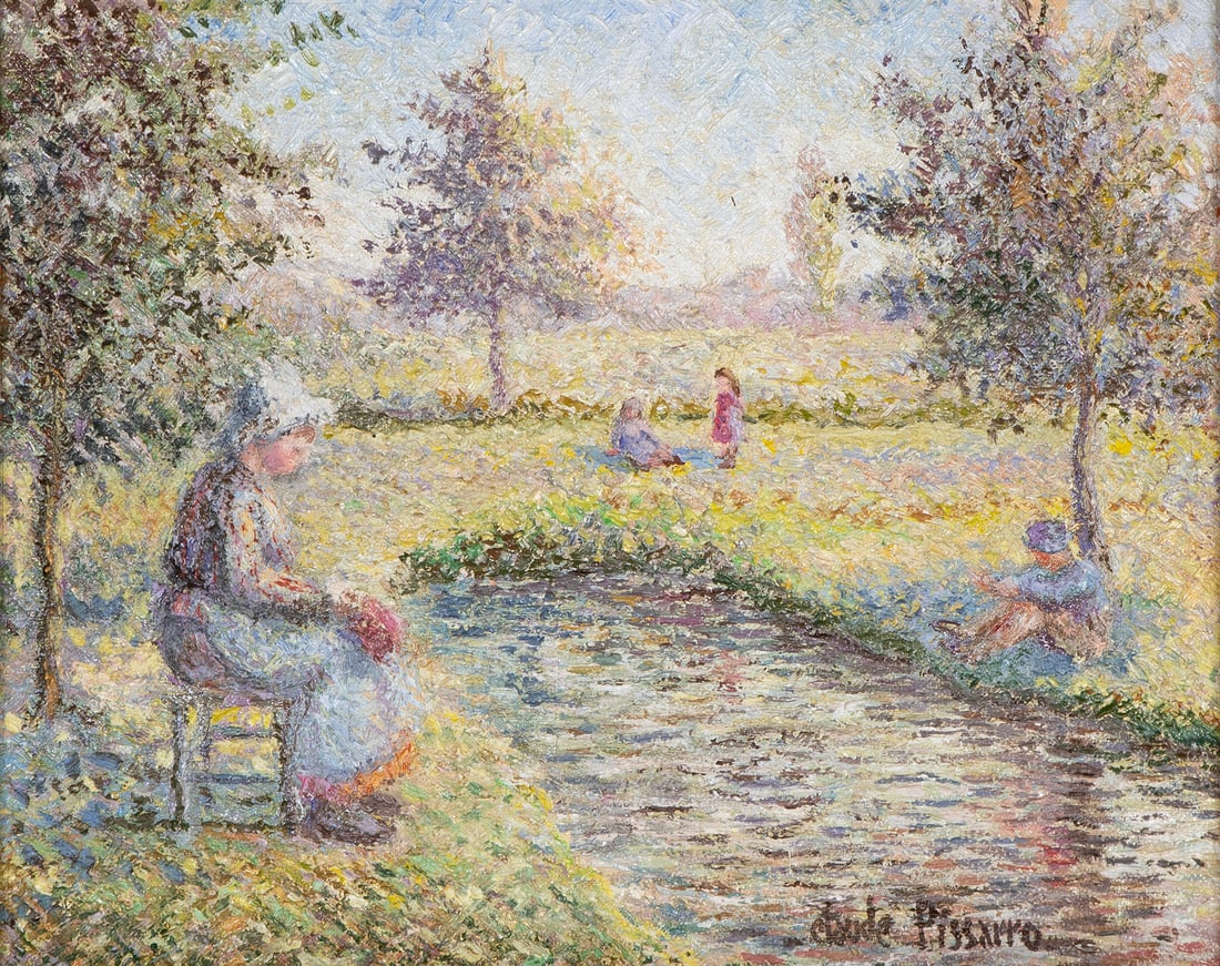 H. Claude Pissarro (b. 1935) French: DIMANCHE, AU BORD DE LA MARE, oil painting on canvas, signed lower right, titled on verso, 13 x 16”, frame 15 ¼ X 18 ¼”. From the Arthur P. Block collection.