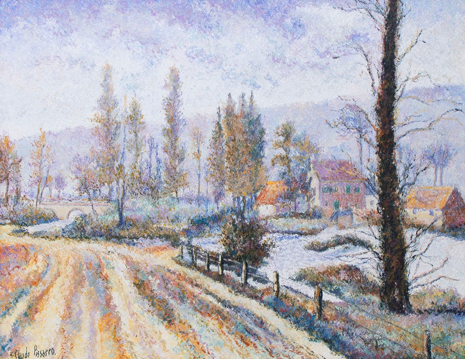 H. Claude Pissarro (b. 1935) French: LE PETIT FIL, MOULIN DUVEY, oil painting on canvas, signed lower left, signed and titled on verso, 28 x 36” white and gold leaf frame 43 x 50 ¾ x 2 ¾”. 29 x 36” From th