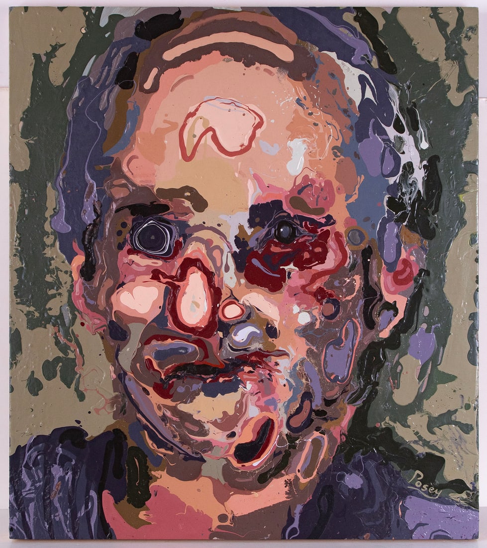 Mark Posey (b. 1985) California: PORTRAIT, enamel painting on panel, signed lower right, 34 x 30 x 1 ¾”. From the Larry Grossman Collection, Hollywood writer’s agent. Clients included Rob Reiner and Mickey Rose.