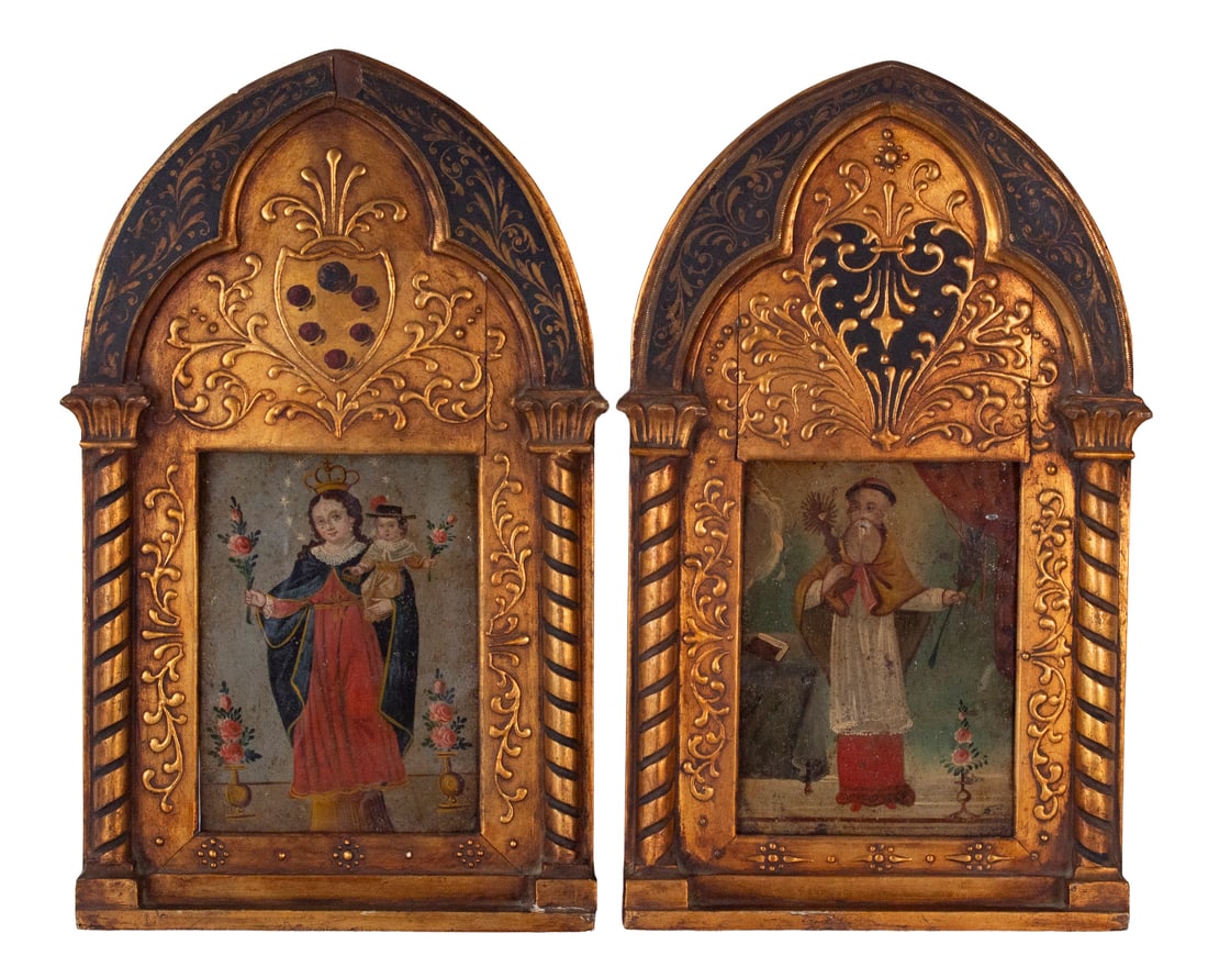 Latin American Retablo (three): Three Retablos, each an oil painting on metal, 10 x 7”, two in elaborate frames 21 ¼ x 12 ¼”. (3)
