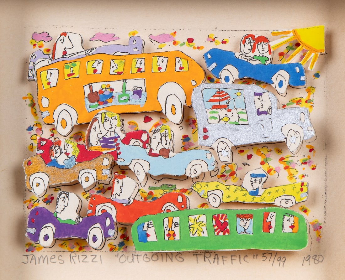 James Rizzi (1950-2011) American: OUTGOING TRAFFIC, 1980, color lithograph with applied 3-D cut-out (possibly a unique variant with hand-cut applique), signed and titled and dated and numbered 57/99 in pencil, sight 3 ¾ x 4 &fr