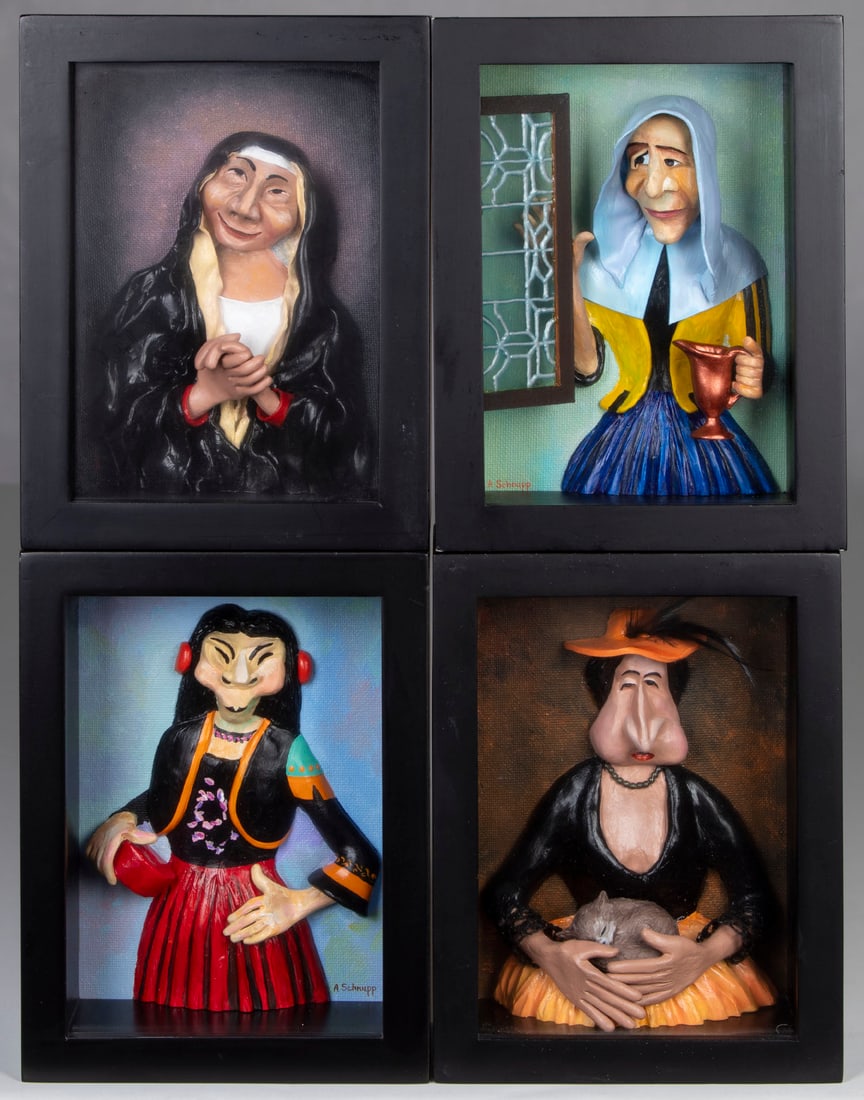 Al Schnupp (20 th Century) California (four): PORTRAITS BY GREAT ARTISTS X: Sassoferrato, Vermeer, Matisse, Reynolds, four mixed media sculptures, each signed, each in 7 ¾ x 5 ¾ x 2 ¾” frame with glass. (4)