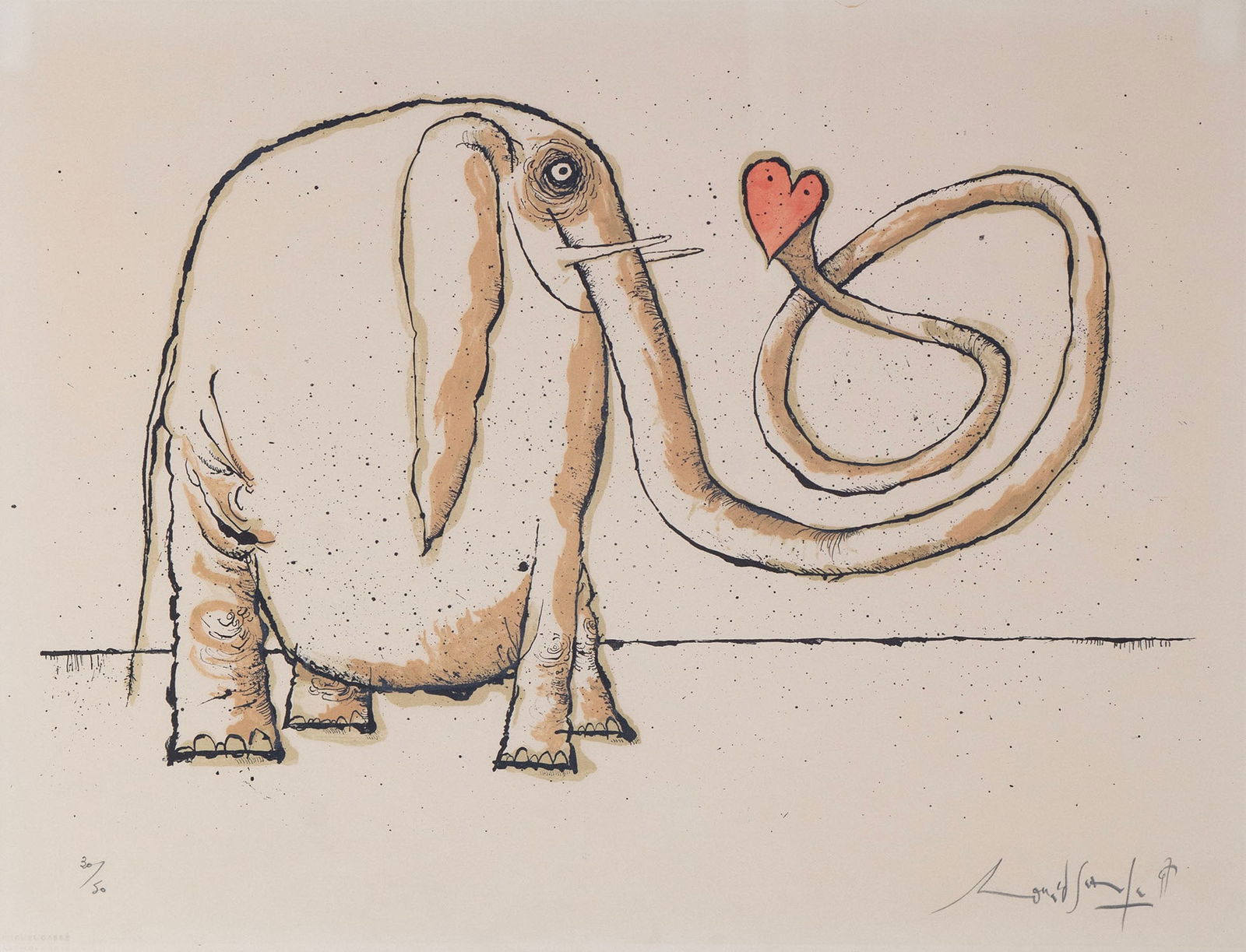 Ronald Searle (1920-2011) England New York: THE LOVING ELEPHANT, 1971, color lithograph, signed and numbered 30/50 in pencil, published by Editions Empreinte and printed by Michel Casse with blind stamps lower left, sheet 19 ½ x 25 &frac