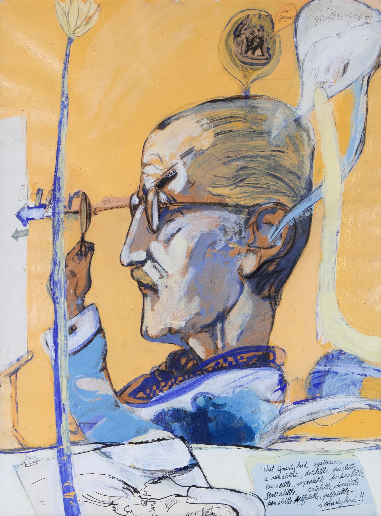 George Sheridan (1923-2008) American: PORTRAIT OF JAMES JOYCE, acrylic painting on paper with ink and collage, signed lower center, sight 26 ¾ x 20 ¼”, frame 33 ¼ x 26 ½ x 2 ¼”. Purchased fro