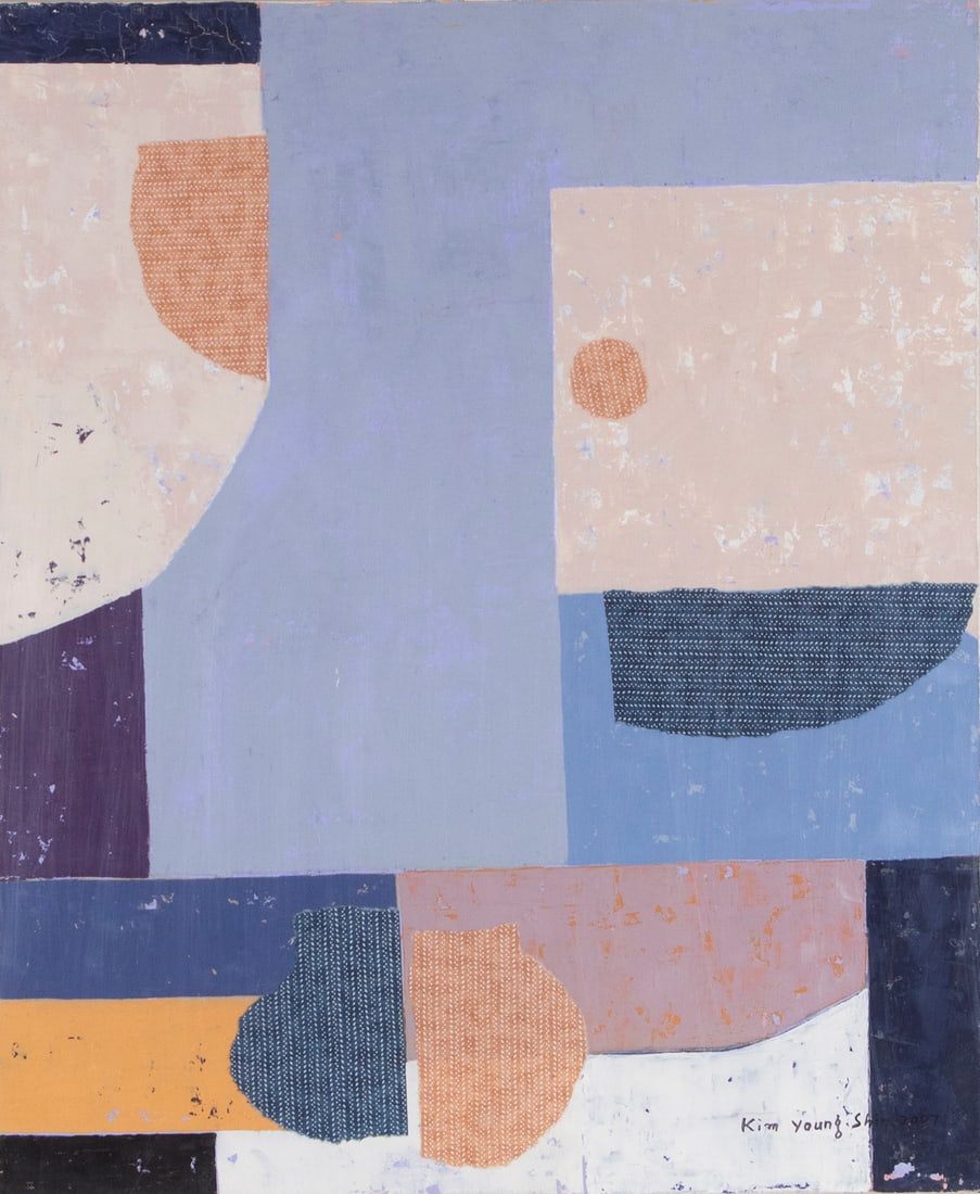 Kim Young-Shin (20 th /21 st Century) Korea: MOVING STILL LIFE, 2007, mixed media with acrylic painting and collage on canvas, signed lower right, 28 ½ x 24”, in a plexiglass box frame 37 x 32 ¼ x 2 ½”. Provenanc