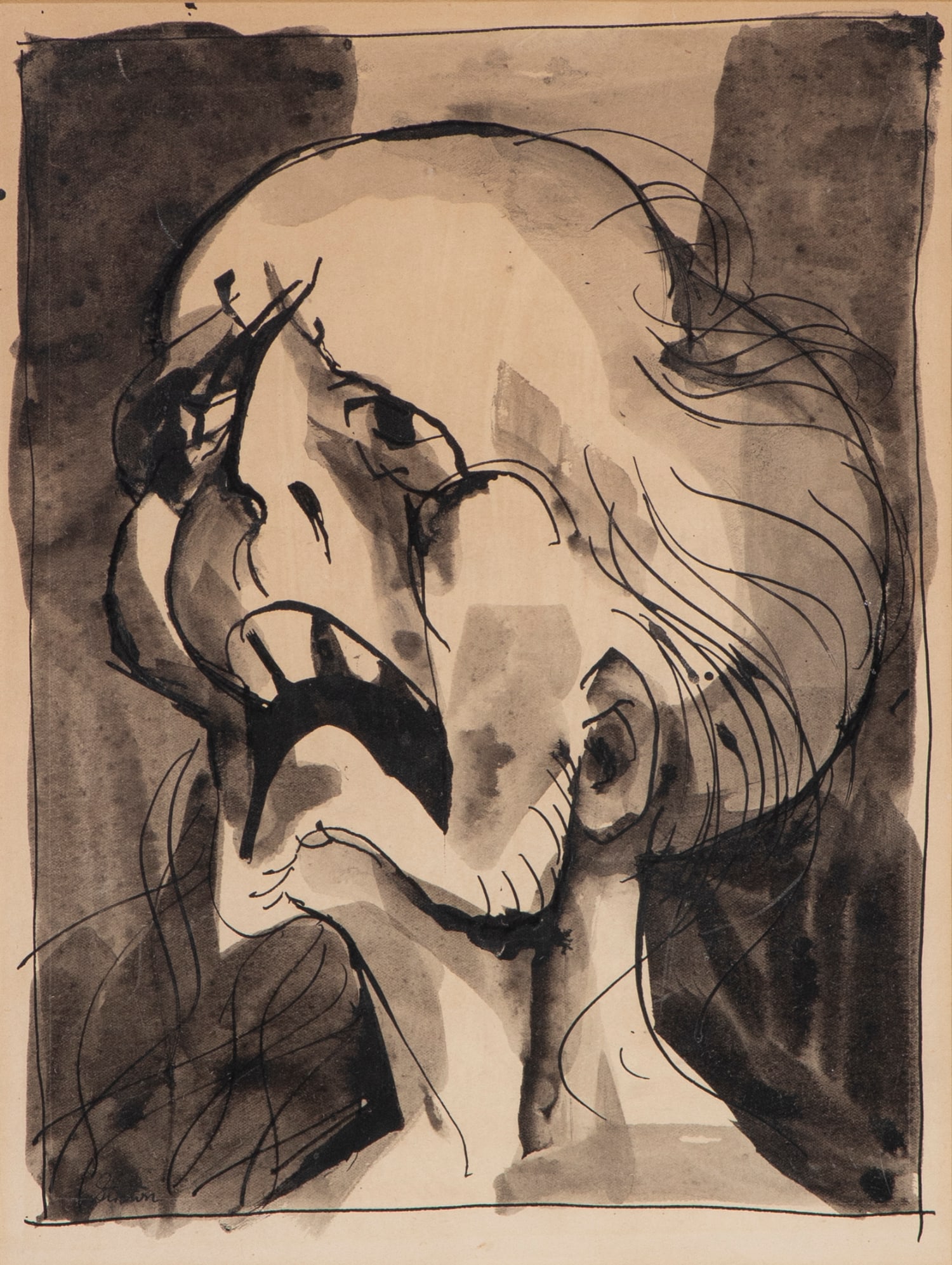 Melvin Strawn (b. 1929) Colorado: DISTRESSED MAN, ink and wash on paper, signed lower left, sight 12 ¾ x 9 ½”, frame 19 ¼ x 15 ¾” with glass.