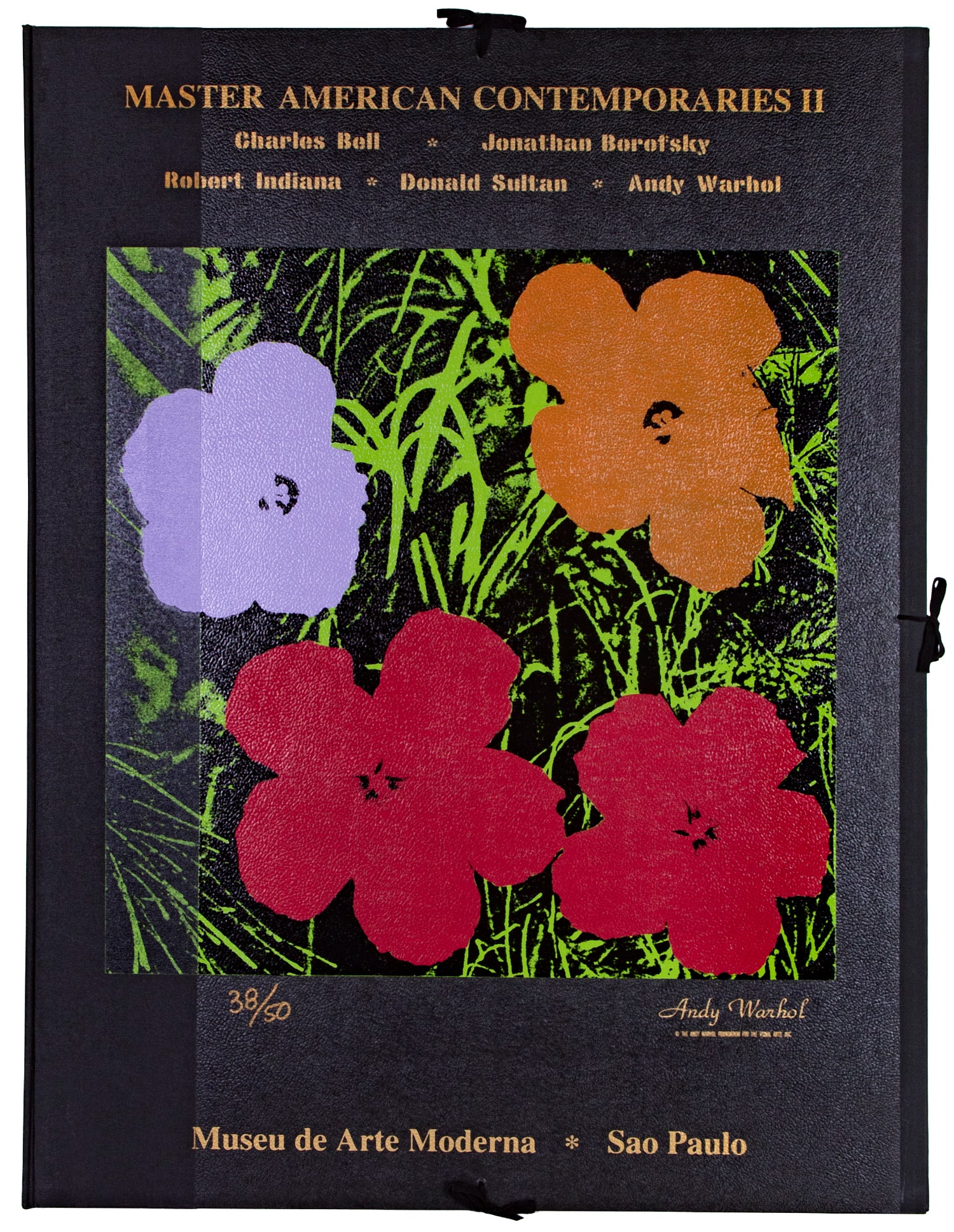 Andy Warhol (1928-1987) New York: FLOWERS from the Master American Contemporaries, Museu de Arte Moderna Sao Paulo Portfolio, color screenprint on leather hardboard portfolio cover, stamped Andy Warhol and copyrighted the Andy Warhol