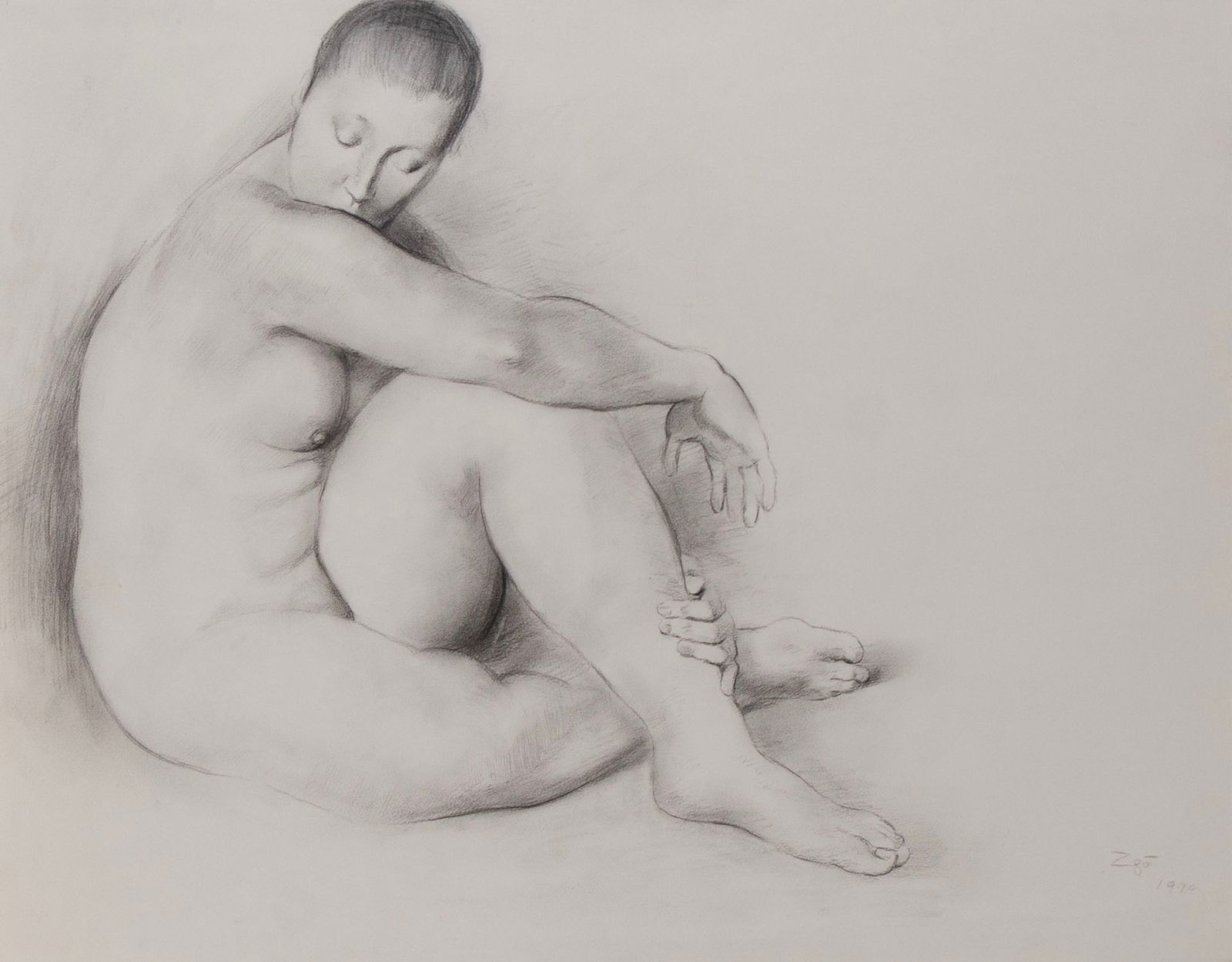 Francisco Zuniga (1912-1998) Costa Rica Mexico: DESNUDO SENTADO (Albedrio #2205, page 482 Vol. IV), 1974, crayon drawing on paper, signed and dated lower right (looks to be re-written), 21 x 26 ¾”, white gold leaf frame 32 ¾ x 3