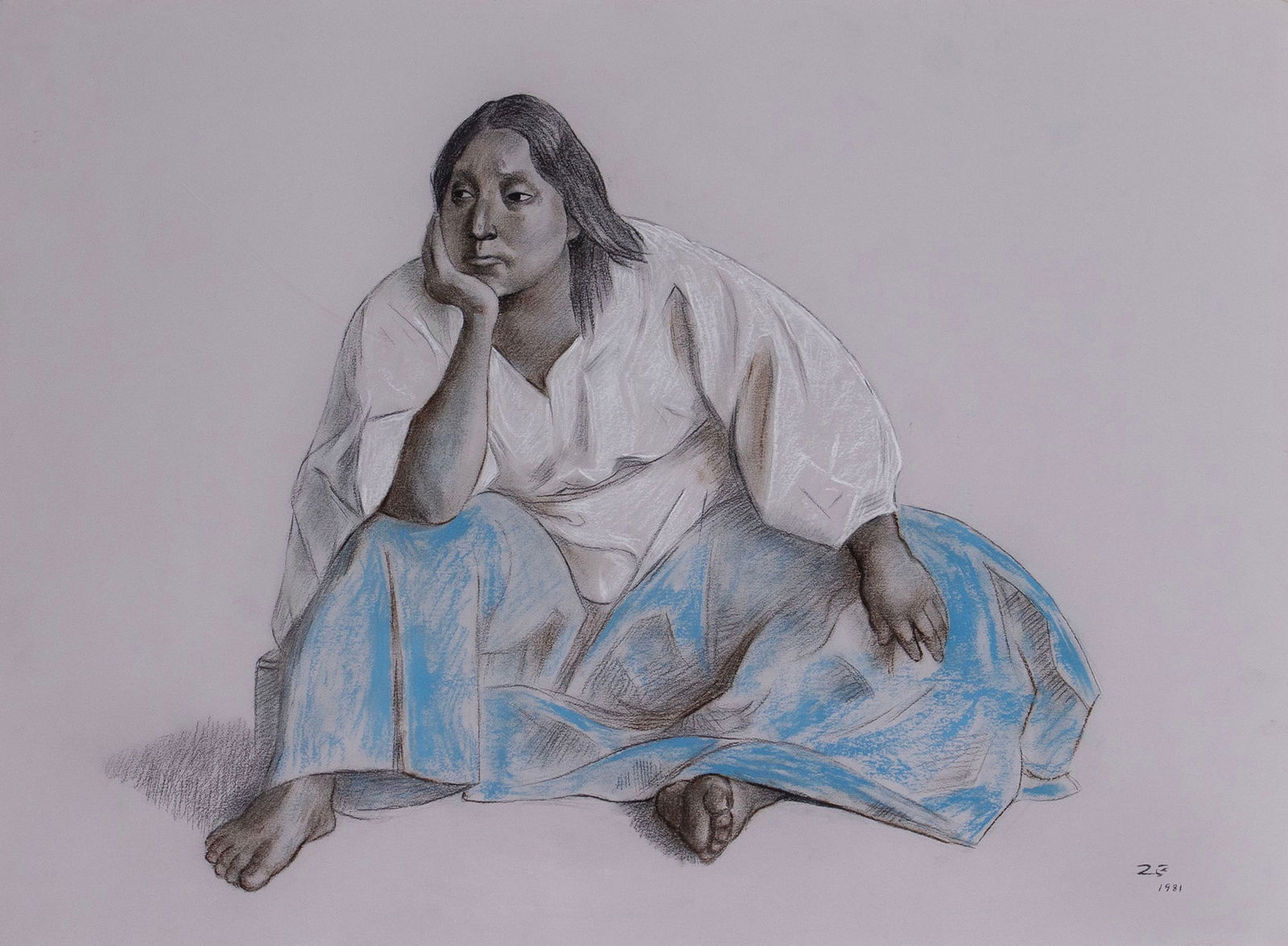 Francisco Zuniga (1912-1998) Costa Rica Mexico: LA FALDA AZUL (Albedrio #2972, page 668 Vol. IV), 1981, color pastel on light gray paper, signed and dated lower right, 22 ½ x 30”, white gold leaf frame 32 ¾ x 39 ¾ x 2 &fr