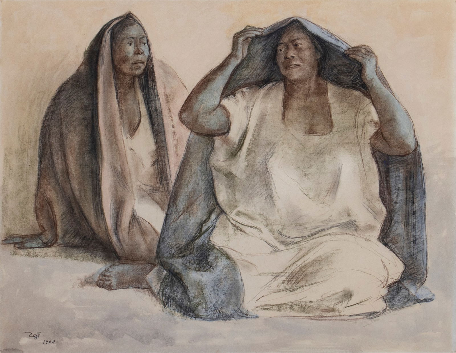 Francisco Zuniga (1912-1998) Costa Rica Mexico: DOS MUJERES CON CHALES, 1968, color pastel on paper, signed and dated lower left, 19 ¾ x 25 ½”, gold leaf frame 31 ¼ x 36 ¾ x 1 ½” with plexiglass. Speci