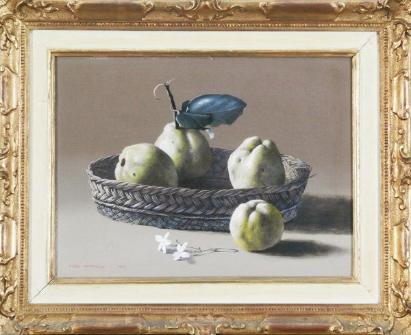 Piero Antonelli (1916-1990) Italian: STILL LIFE WITH PEARS, 1963, oil painting on panel, signed and dated lower left, 12 x 16”, framed, some minor edge wear and a few surface scuffs, otherwise in apparently good condition.