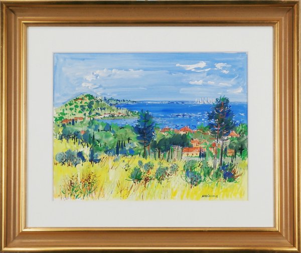Yolande Ardissone (b. 1927) French: VUE SUR LA BAIE, gouache on paper, signed lower right, 19 x 25”, framed with glass, in apparently good condition.