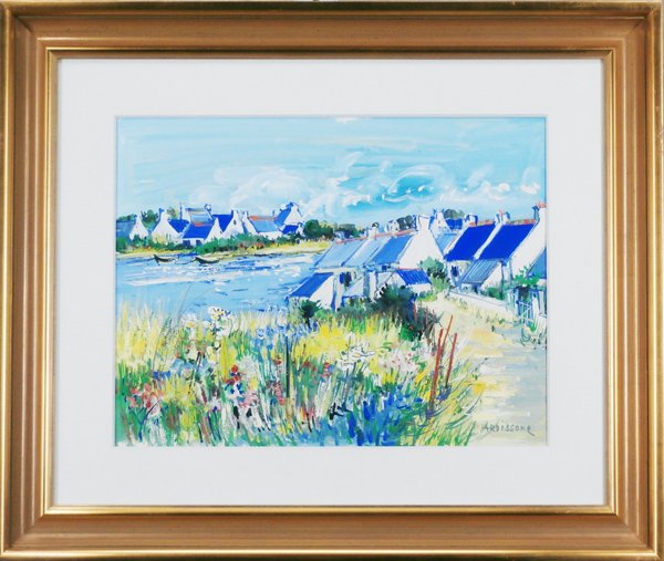 Yolande Ardissone (b. 1927) French: VILLAGE EN BORD DE MER, gouache on paper, signed lower right, 19 x 25”, framed with glass, in apparently good condition.