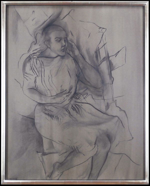 William Brice (1921-2008) American: STUDY FOR PORTRAIT OF JKB, 1954, graphite drawing on color paper, signed and dated upper left, signed dated and titled in ink on verso, sight 31 ½ x 39 ½”, framed, in apparently good studio condit