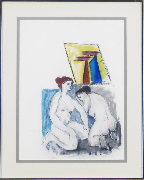 Hans Burkhardt (1904-1994) Swiss: TWO WOMEN, 1976, color pastel on paper, signed and dated lower right, 24 x 18”, framed with glass, small tear upper right sheet edge, creases upper left sheet edge, otherwise in apparently good cond